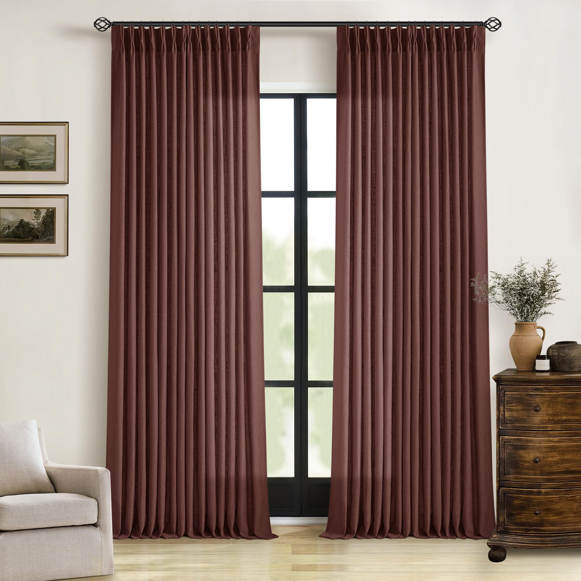 Natural Pinch Pleated Linen Curtains 84 Inch Length 2 Panels for Living Room Bedroom Textured Cream Ivory Birch Semi Sheer Boho Neutral Back Tab Pinch Pleat Hooks Rings Window Curtain 84 Inches Long