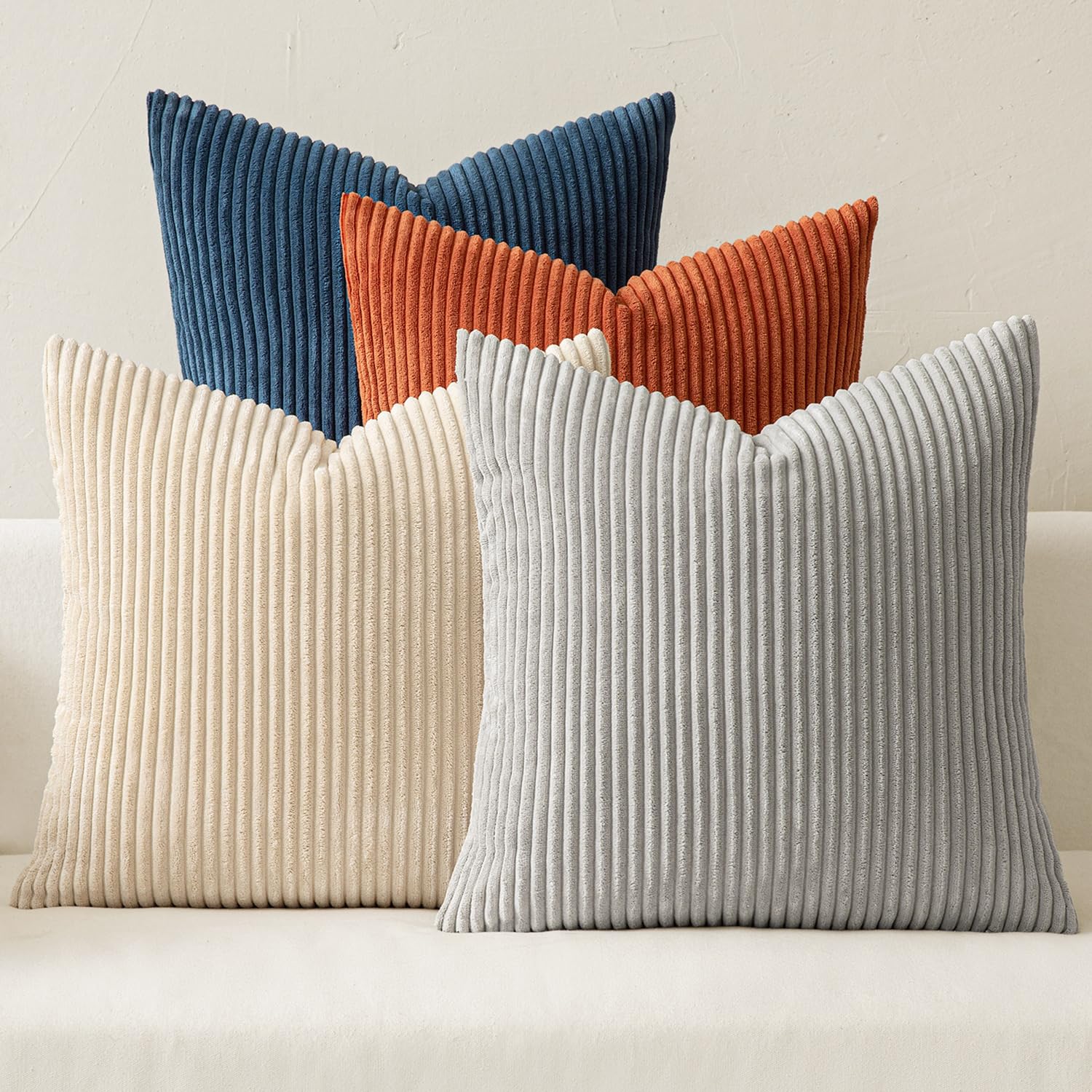 MIULEE Boho Farmhouse Neutral Cream Throw Pillow Covers 18x18 Inch Set of 4 Mordern Nordic Cushion Covers Soft Corduroy Spring Home Decor for Couch Bed Sofa Living Room
