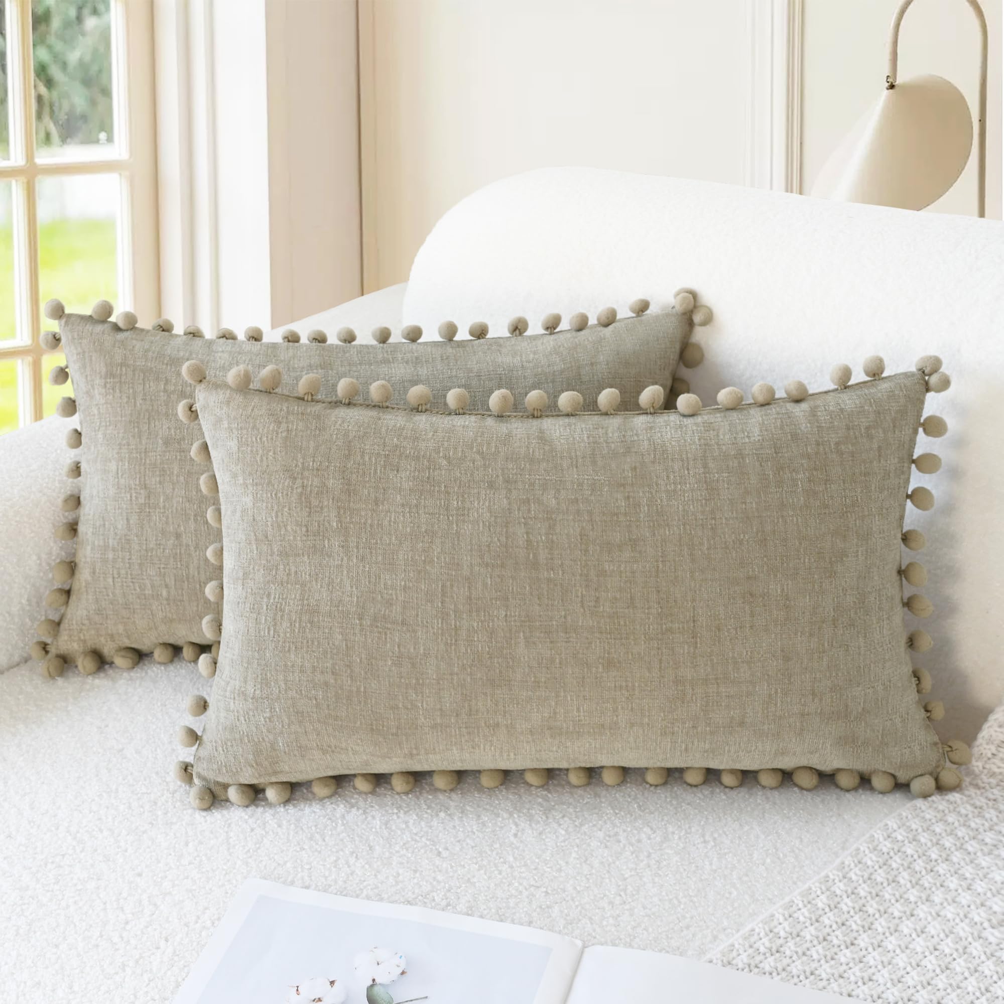 CaliTime Throw Pillow Covers Decorative 18 X 18 Inches Pack of 2 Cozy Solid Dyed Soft Chenille Cushion Cases with Pom Poms for Couch Sofa Bed Living Room Home Living Coral