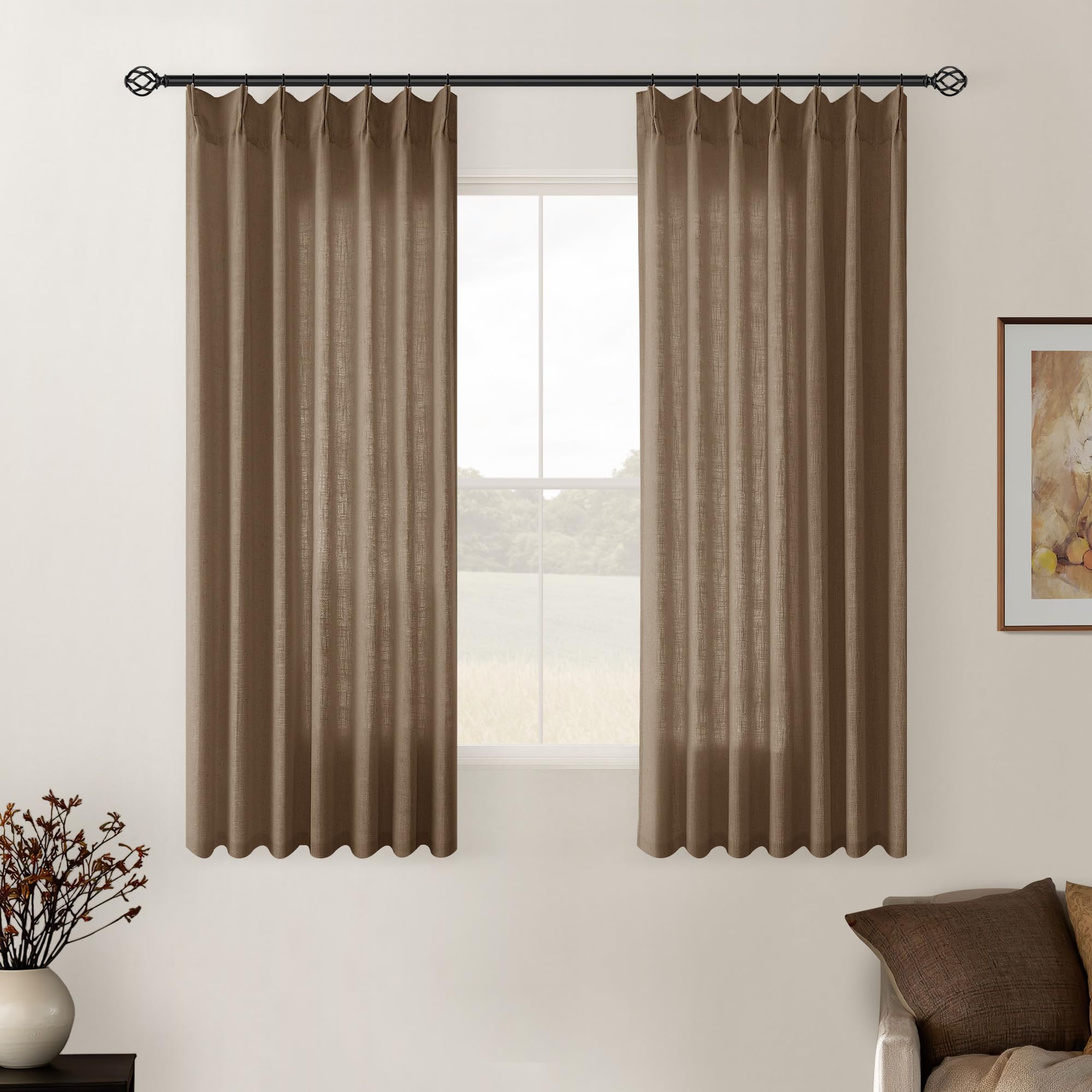 Natural Pinch Pleated Linen Curtains 84 Inch Length 2 Panels for Living Room Bedroom Textured Cream Ivory Birch Semi Sheer Boho Neutral Back Tab Pinch Pleat Hooks Rings Window Curtain 84 Inches Long