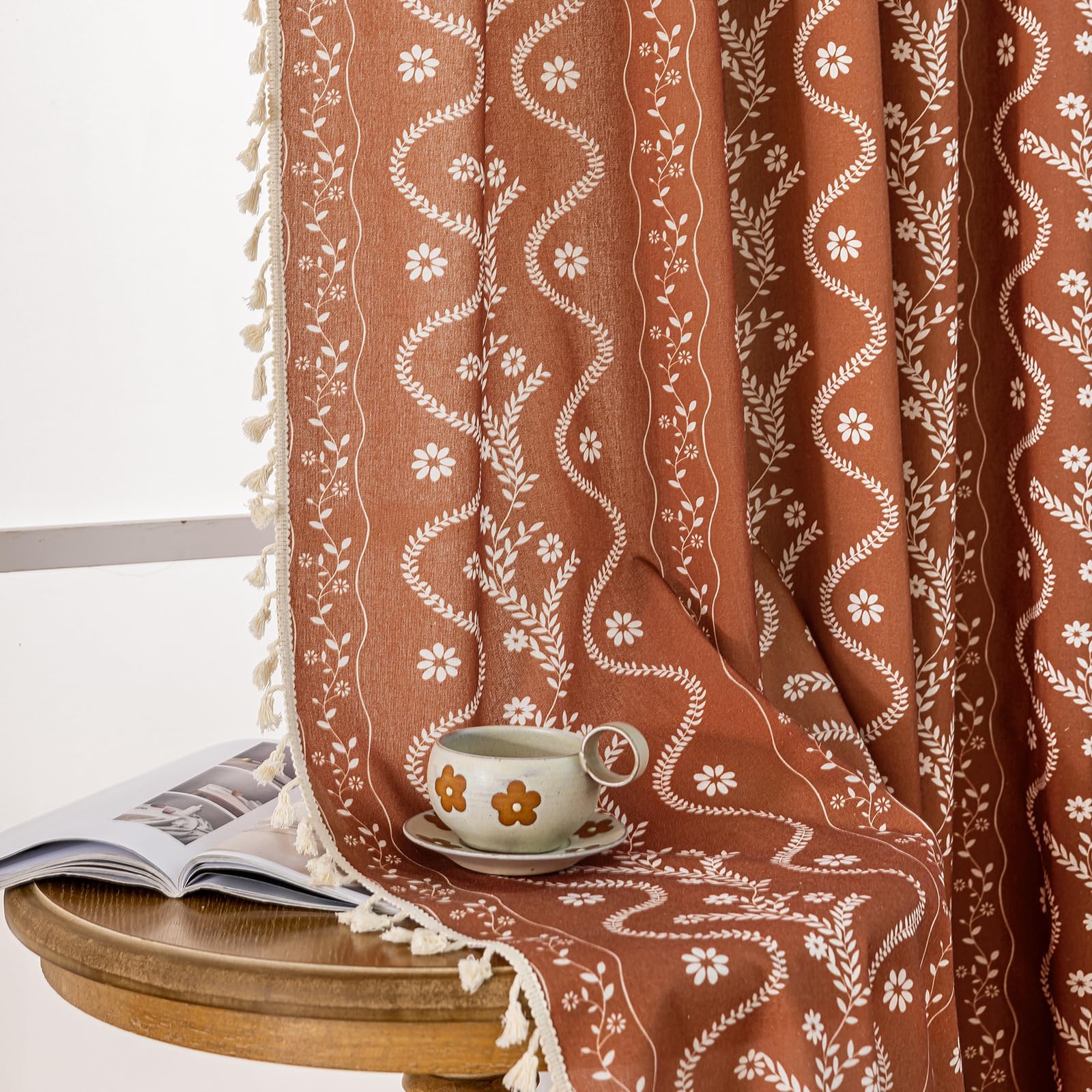 Burnt Orange Curtains for Living Room Patterned Farmhouse Curtains 2 Panels,Boho Linen Vintage Tassel Terracotta Floral Fall Window Curtain for Bedroom Dining Room Kitchen 84 Inch Long