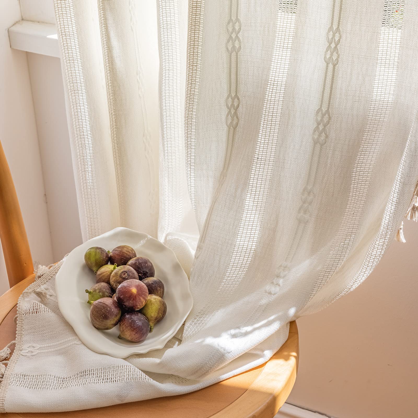 ENJOYBRIDAL Floral Bedroom Curtains 84 Inch Length 2 Panels Set Farmhouse Semi Sheer Living Room Drapes Cotton Linen Blend Bohemian Window Curtain Panels with Tassel Beige Rod Pocket Drapes