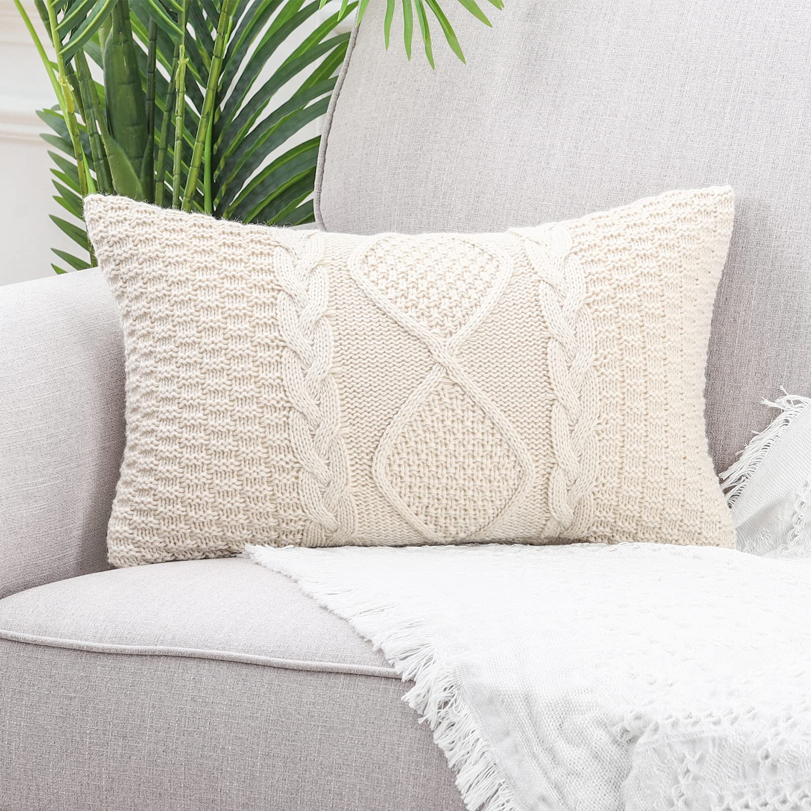 MANDIOO Cotton Knitted Beige Decorative Throw Pillow Covers Soft Cozy Outdoor Cushion Cases Luxury Modern Pillowcases for Couch Sofa Bed 24x24 Inches