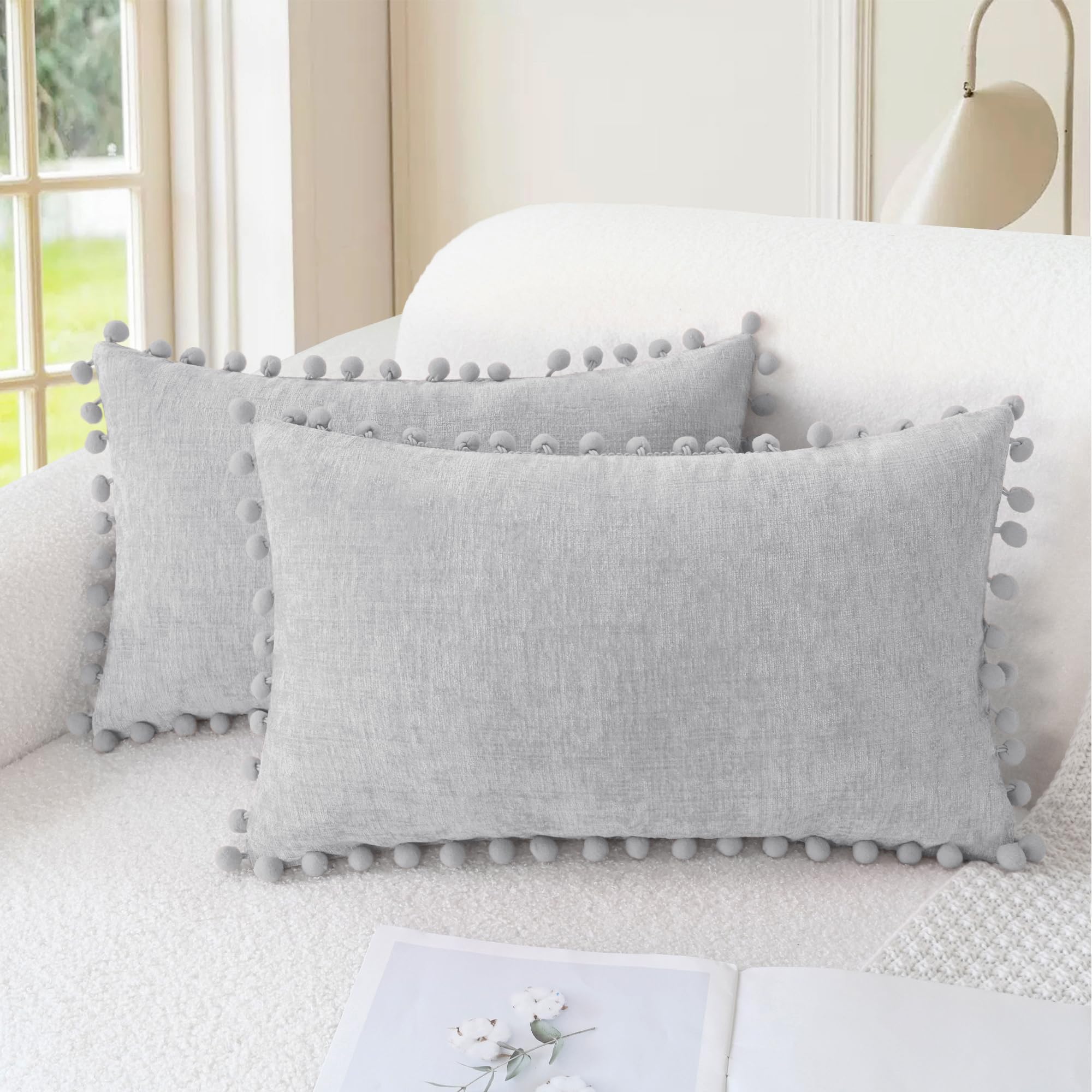 CaliTime Throw Pillow Covers Decorative 18 X 18 Inches Pack of 2 Cozy Solid Dyed Soft Chenille Cushion Cases with Pom Poms for Couch Sofa Bed Living Room Home Living Coral