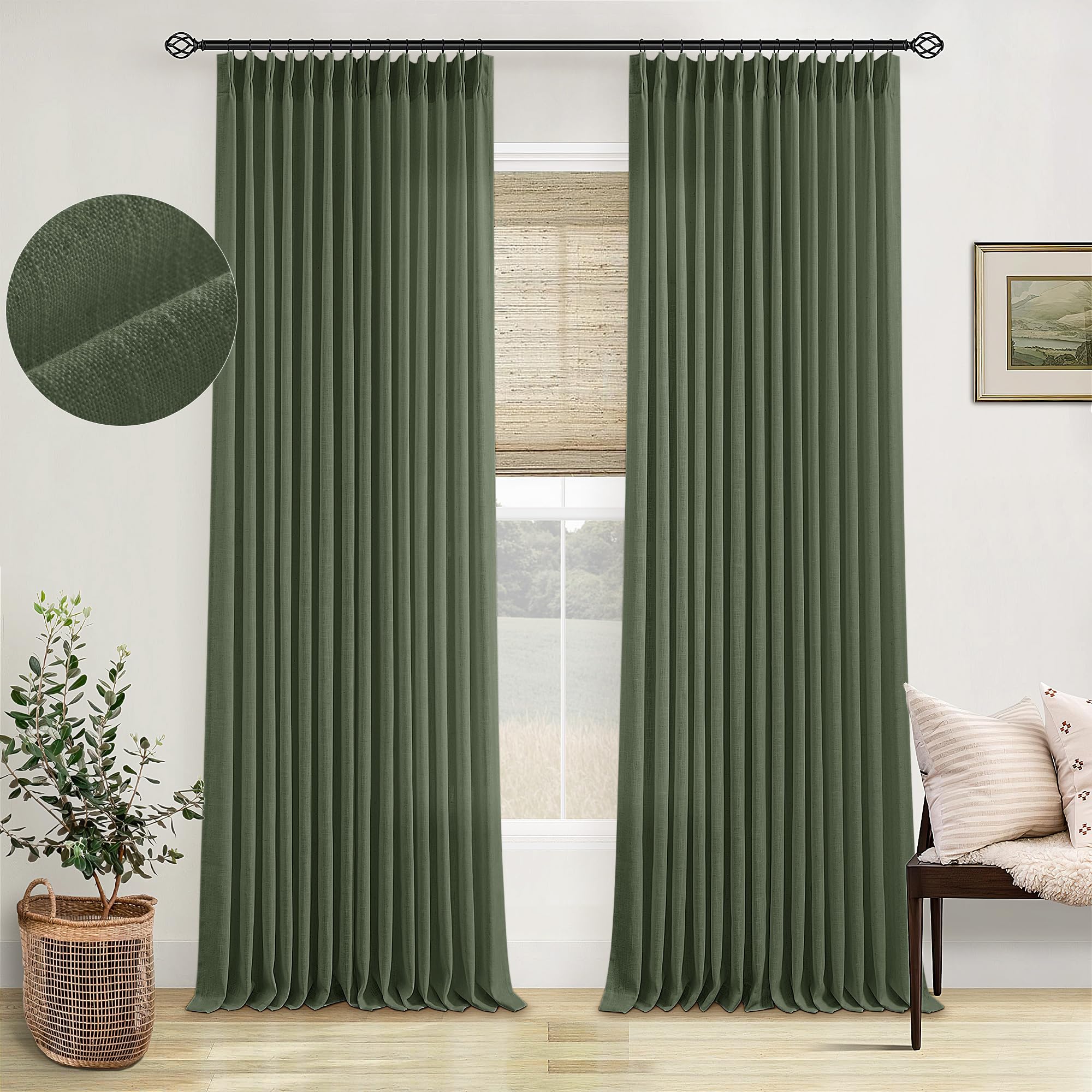 Natural Pinch Pleated Linen Curtains 84 Inch Length 2 Panels for Living Room Bedroom Textured Cream Ivory Birch Semi Sheer Boho Neutral Back Tab Pinch Pleat Hooks Rings Window Curtain 84 Inches Long