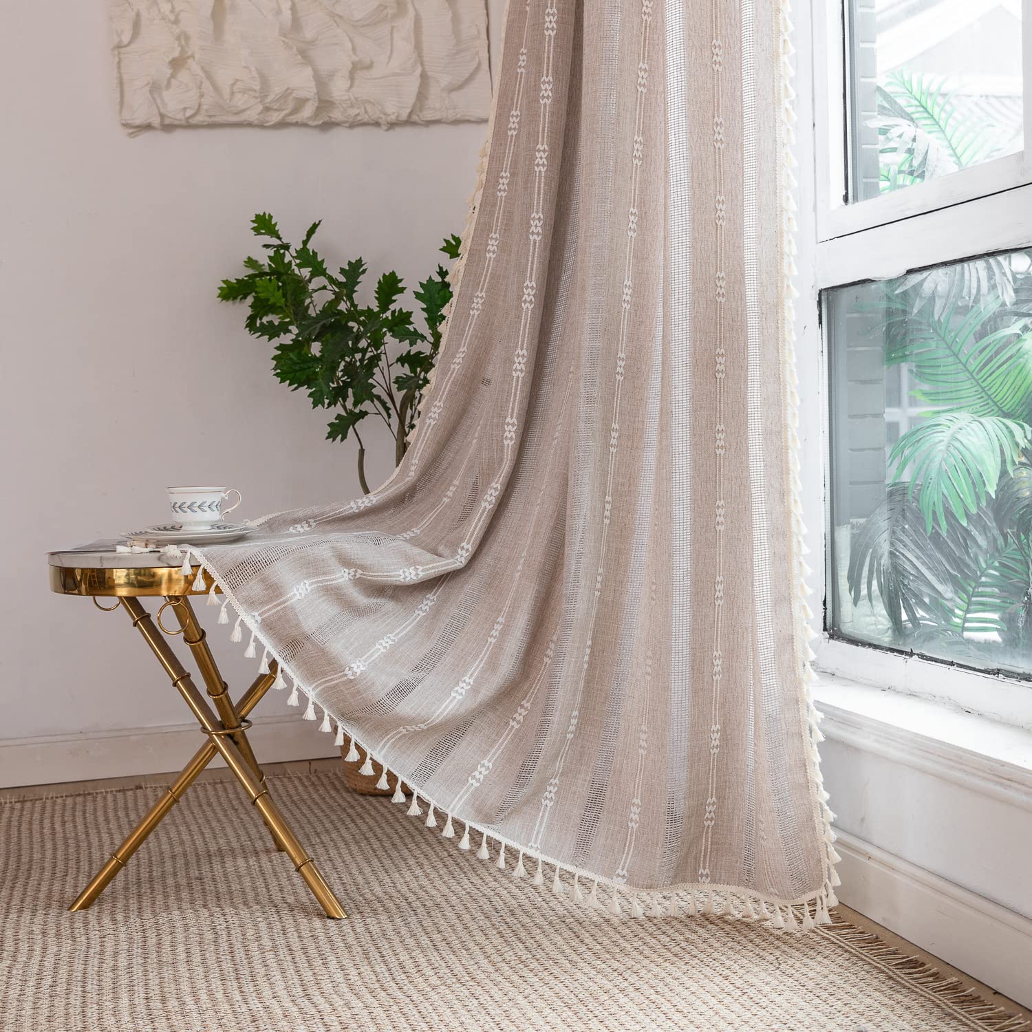 Boho Curtains - Embroidery Linen and Cotton 63 Inch Length 2 Pannels for Living Room, Cream Off White Light Filtering Farmhouse Curtains with Rod Pocket Draperies 52" W x 63" L