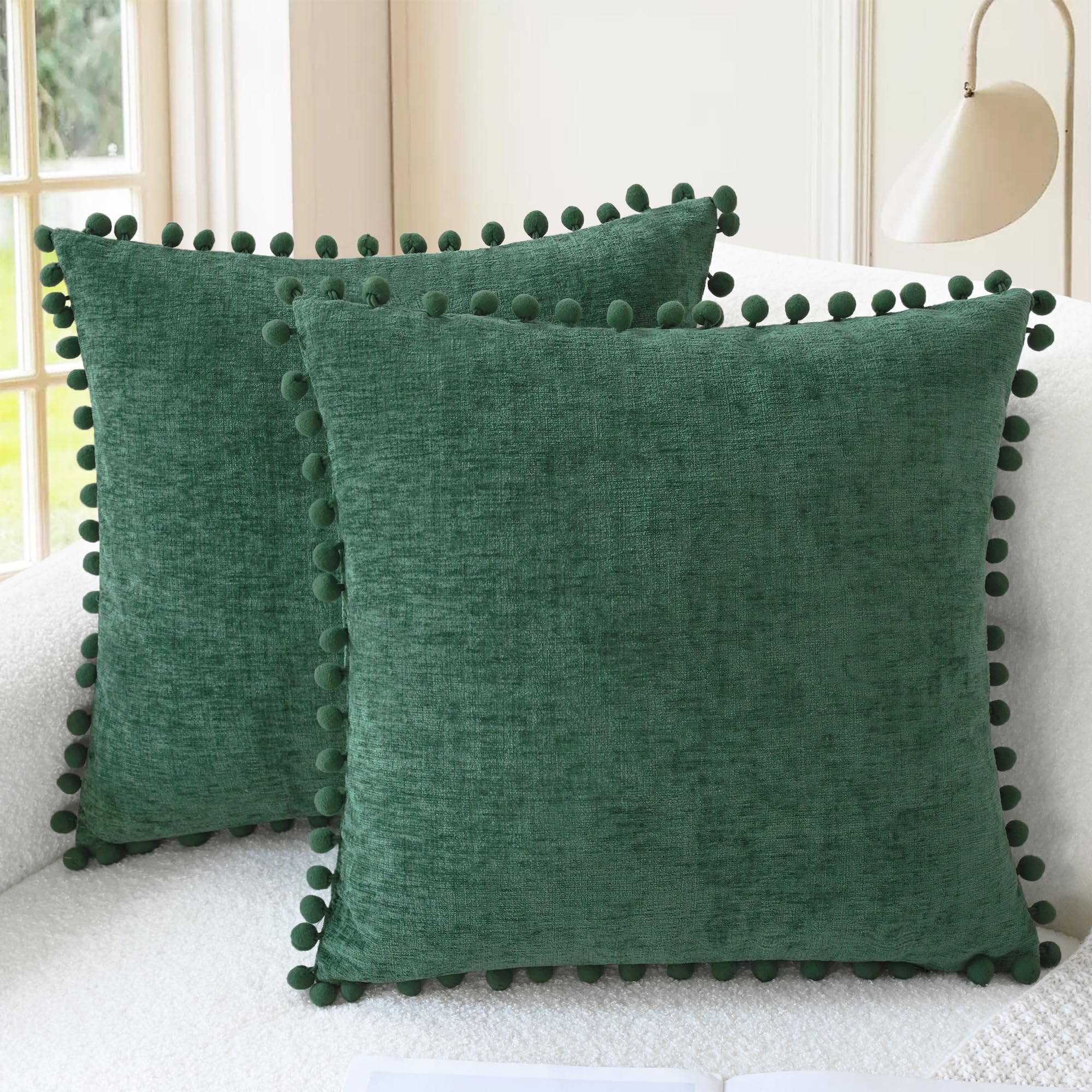 CaliTime Throw Pillow Covers Decorative 18 X 18 Inches Pack of 2 Cozy Solid Dyed Soft Chenille Cushion Cases with Pom Poms for Couch Sofa Bed Living Room Home Living Coral