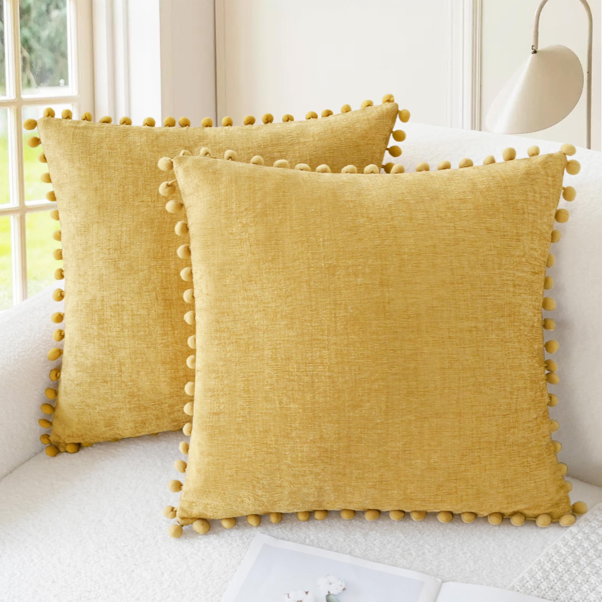 CaliTime Throw Pillow Covers Decorative 18 X 18 Inches Pack of 2 Cozy Solid Dyed Soft Chenille Cushion Cases with Pom Poms for Couch Sofa Bed Living Room Home Living Coral