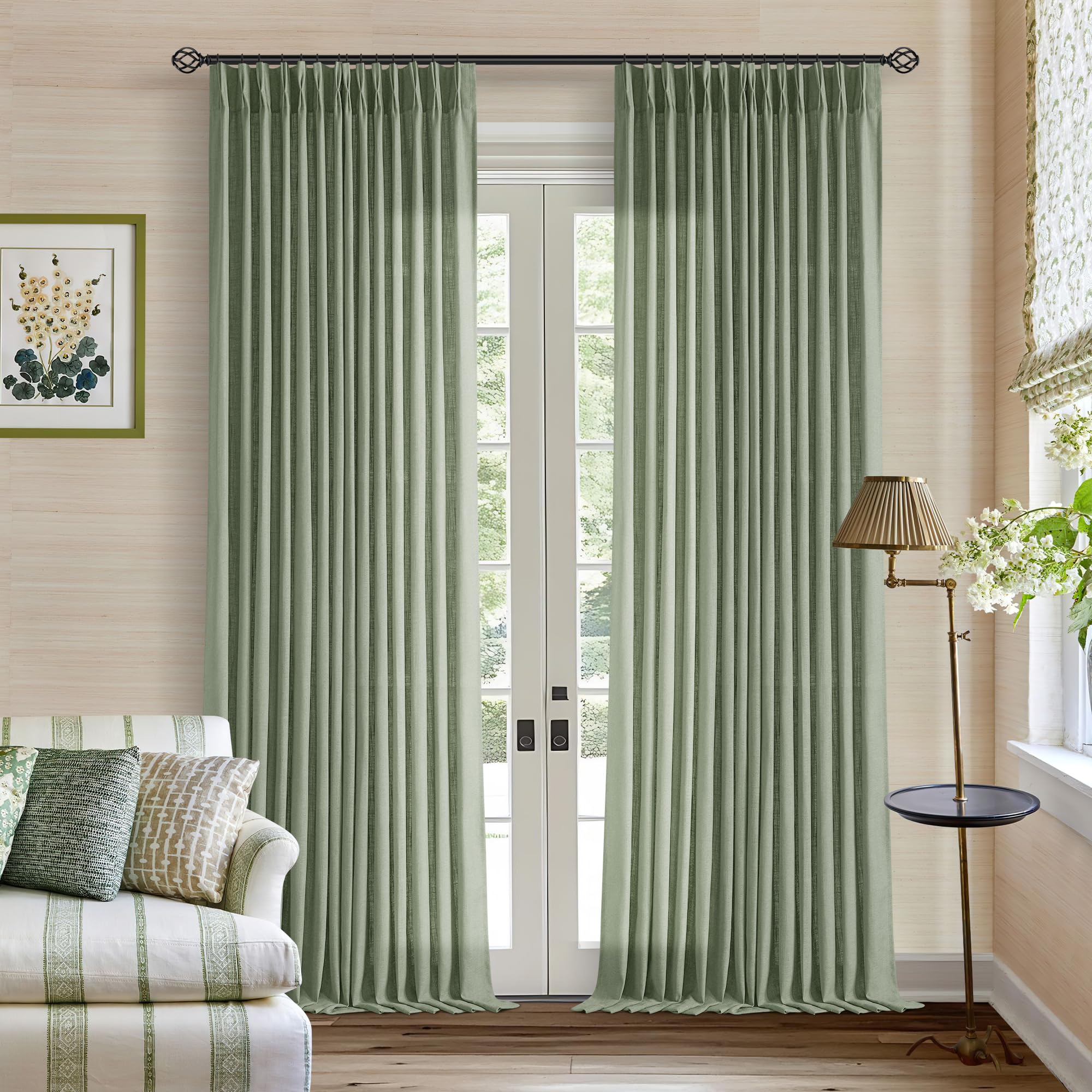 Natural Pinch Pleated Linen Curtains 84 Inch Length 2 Panels for Living Room Bedroom Textured Cream Ivory Birch Semi Sheer Boho Neutral Back Tab Pinch Pleat Hooks Rings Window Curtain 84 Inches Long
