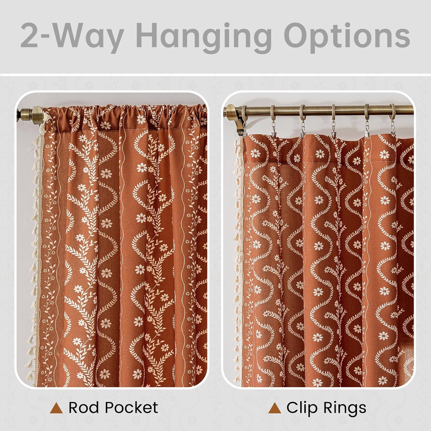 Burnt Orange Curtains for Living Room Patterned Farmhouse Curtains 2 Panels,Boho Linen Vintage Tassel Terracotta Floral Fall Window Curtain for Bedroom Dining Room Kitchen 84 Inch Long