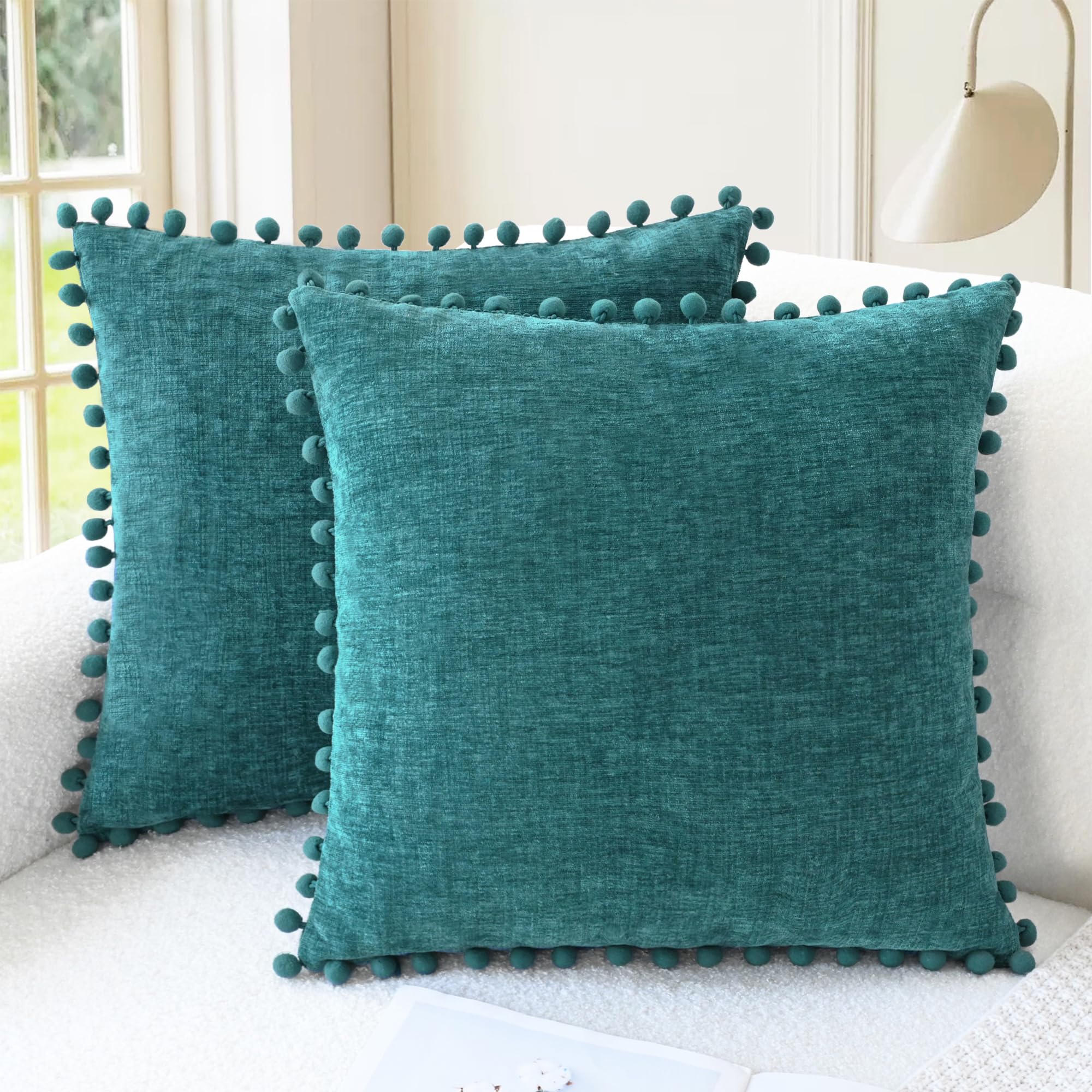 CaliTime Throw Pillow Covers Decorative 18 X 18 Inches Pack of 2 Cozy Solid Dyed Soft Chenille Cushion Cases with Pom Poms for Couch Sofa Bed Living Room Home Living Coral