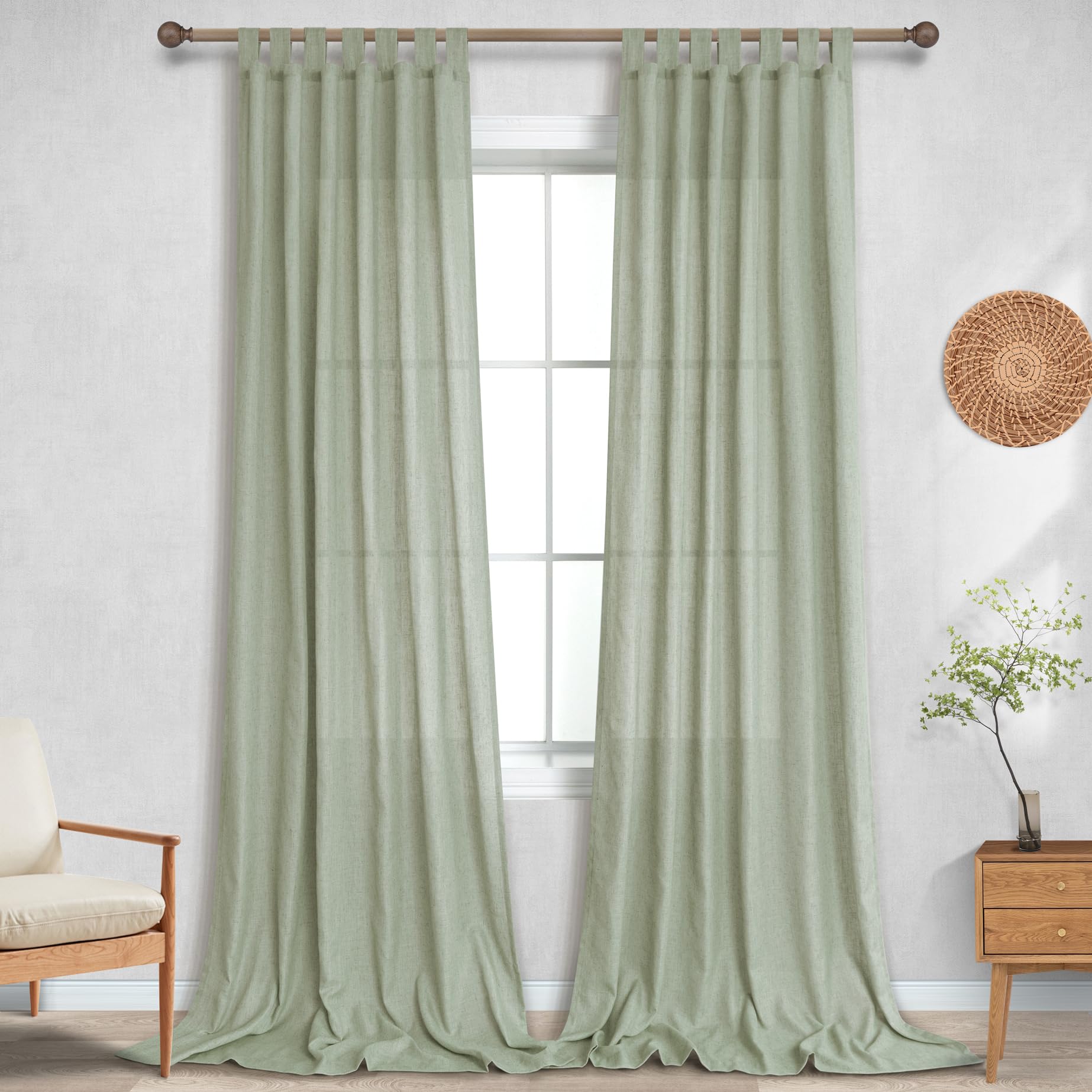 KOUFALL Farmhouse Linen Curtains, Cream Beige Semi Sheer Light Filtering Curtain, Boho Tab Top Neutral Country Curtains for Living Room, Bedroom, Nursery, 84 Inch Length, 2 Panels Set