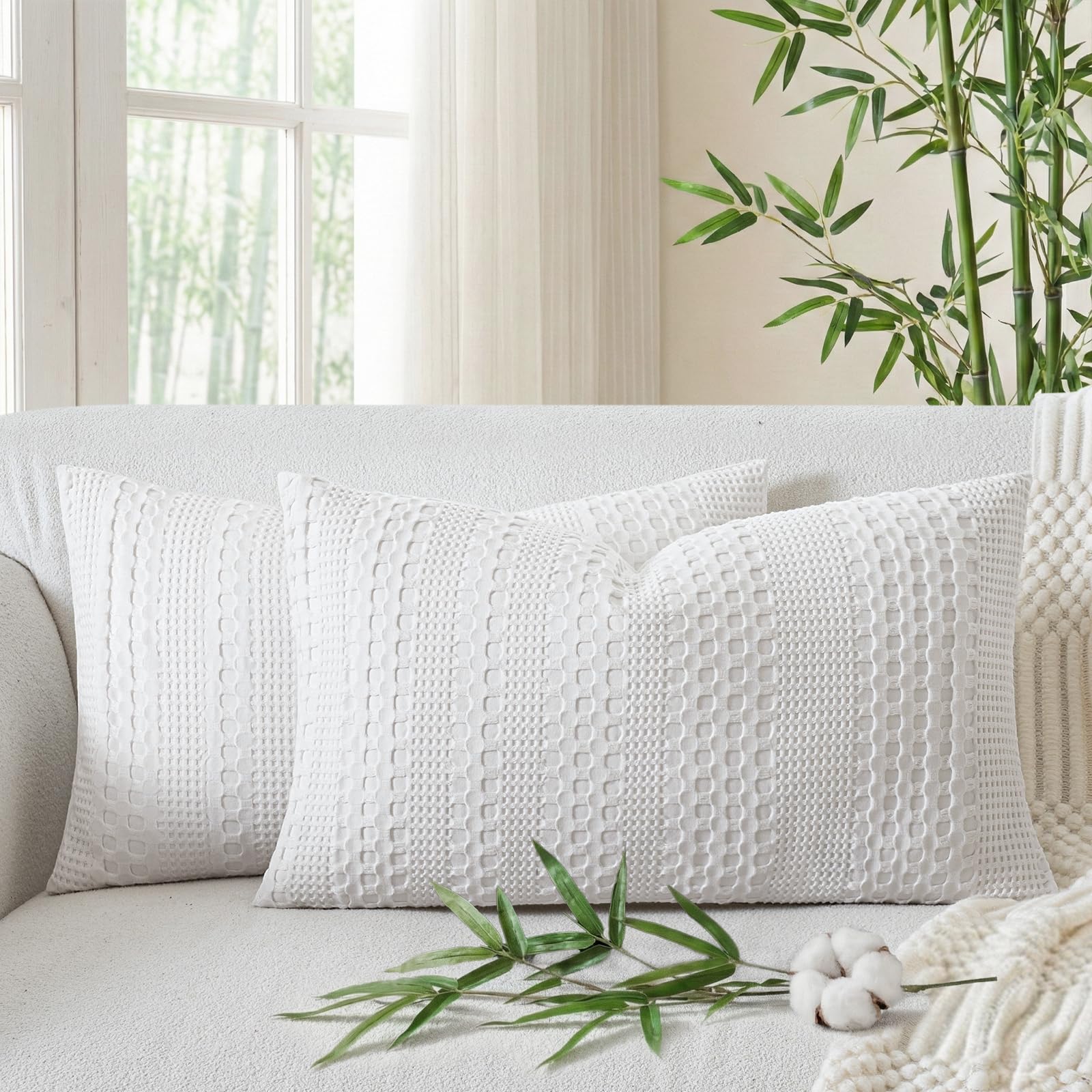 a moment 2 Pack Bamboo Fiber Pillow Covers - Waffle Weave, Ultra Soft & Breathable, Euro Shams Cotton Throw Pillow for Couch, Sofa, Bedroom Living Room 24x24 Inch White