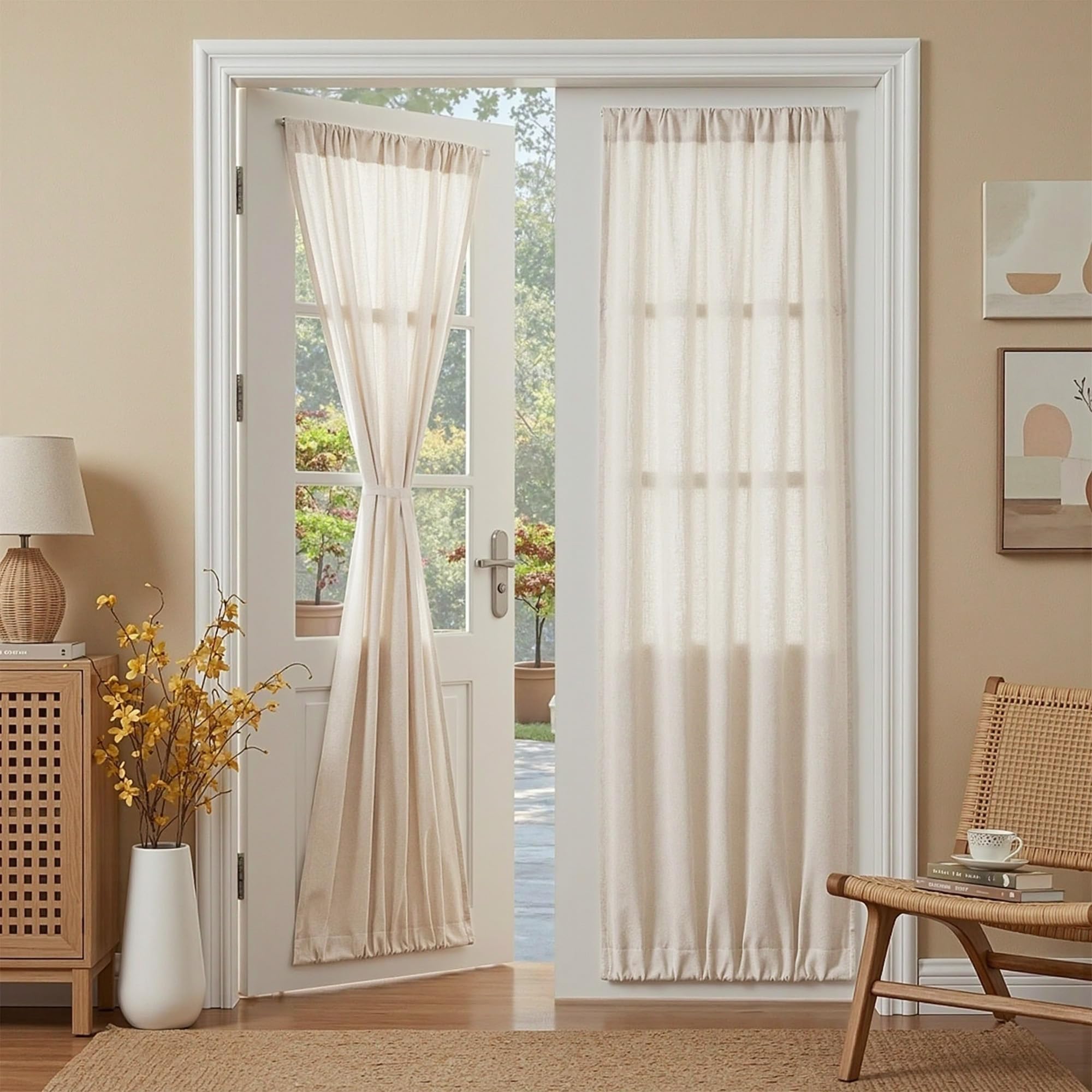 MYSKY HOME Cotton Curtains for Living Room Farmhouse Semi Sheer Light Filtering for Windows, Linen Look Texture Soft Modern Decor Country Style, 50" x 84", Light Oatmeal, 2 Panels