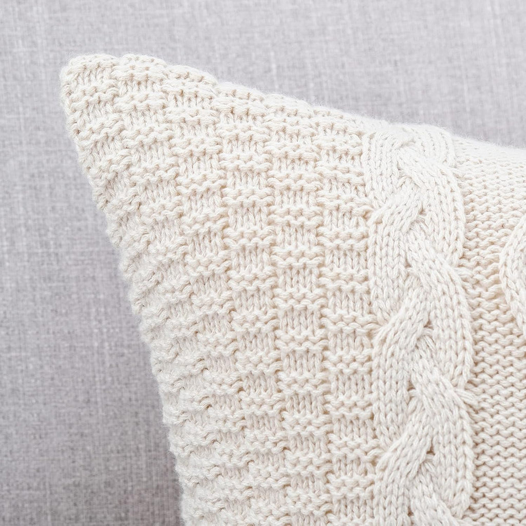 MANDIOO Cotton Knitted Beige Decorative Throw Pillow Covers Soft Cozy Outdoor Cushion Cases Luxury Modern Pillowcases for Couch Sofa Bed 24x24 Inches