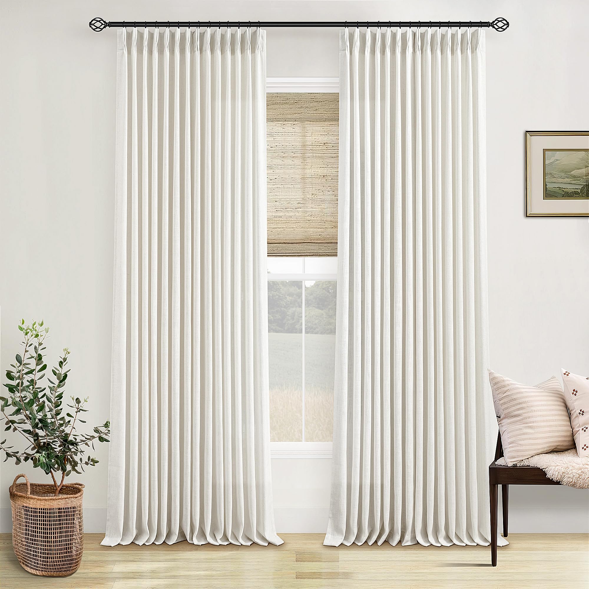 Natural Pinch Pleated Linen Curtains 84 Inch Length 2 Panels for Living Room Bedroom Textured Cream Ivory Birch Semi Sheer Boho Neutral Back Tab Pinch Pleat Hooks Rings Window Curtain 84 Inches Long