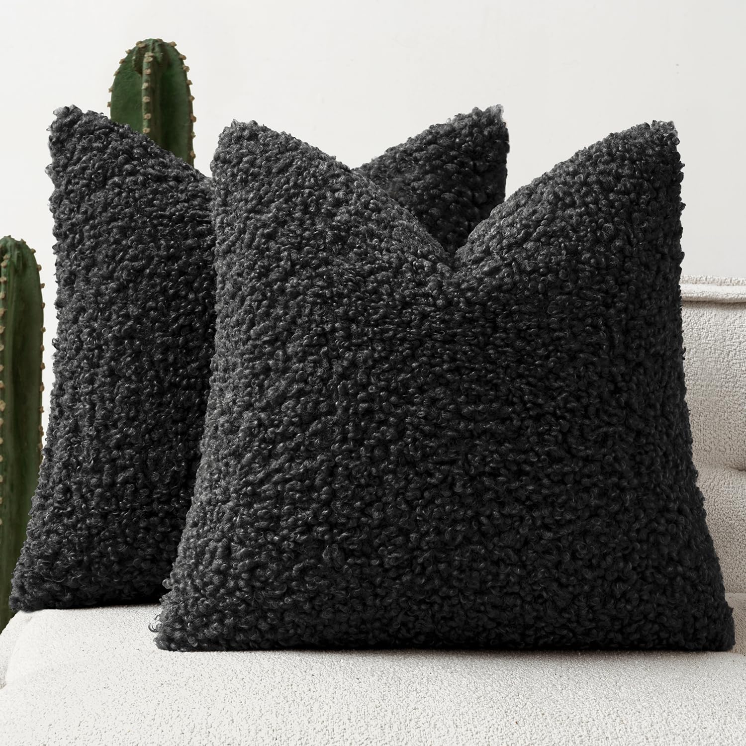 Faux Fur Throw Pillow Covers 20x20 Inch Set of 2 Boucle Neutral Decorative Sherpa Fuzzy Accent Soft Sheepskin Fleece Cushions Modern Home Decor for Couch Sofa Bedroom Living Room,Oatmeal