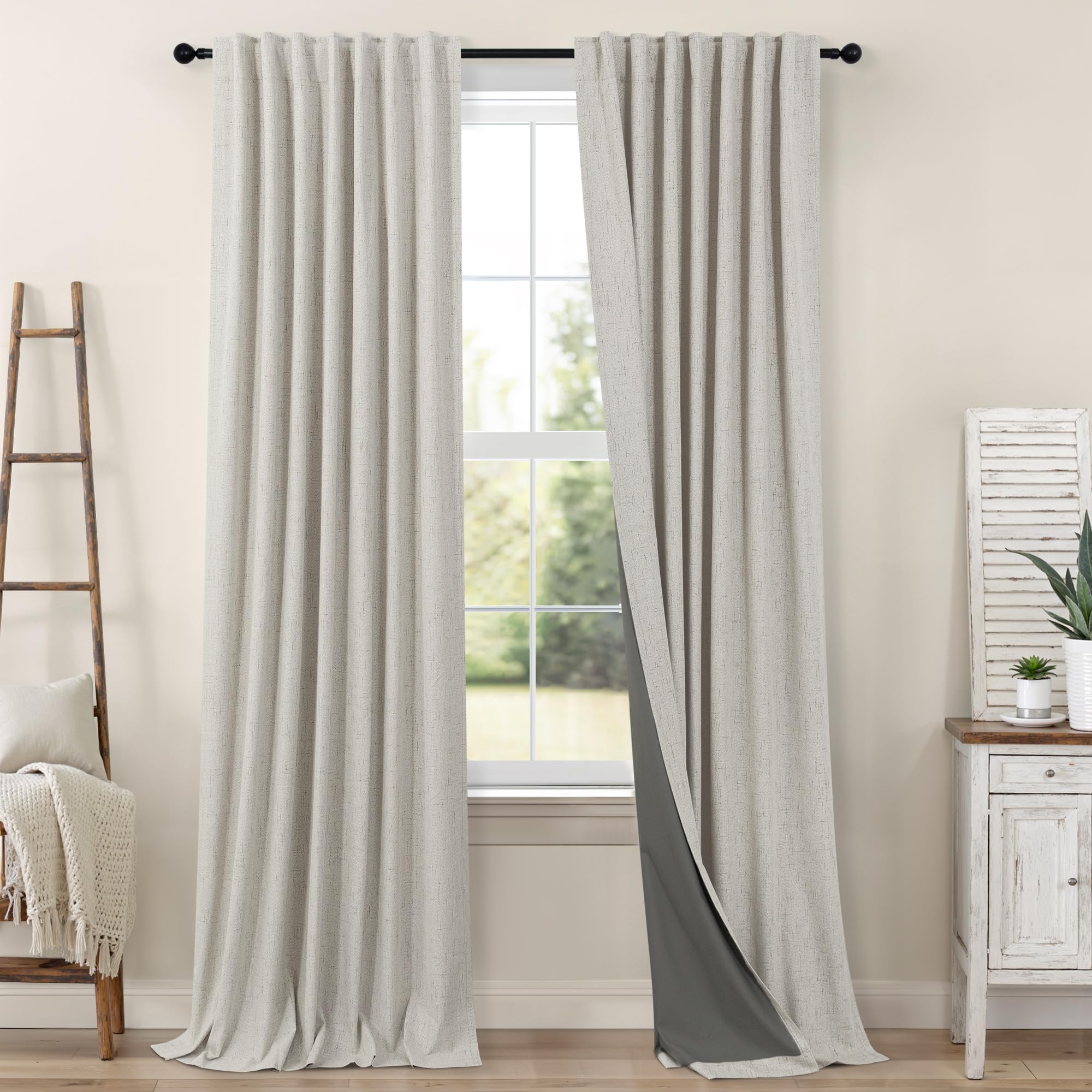 100% Blackout Curtains 84 Inch Length 2 Panels Set Neutral Boho Linen Farmhouse for Bedroom Windows Living Room Darkening Thermal Insulated Drapes Natural Cream Ivory 7ft Long Back Tab Pleated Pocket