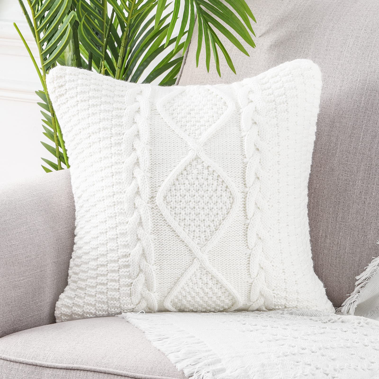 MANDIOO Cotton Knitted Beige Decorative Throw Pillow Covers Soft Cozy Outdoor Cushion Cases Luxury Modern Pillowcases for Couch Sofa Bed 24x24 Inches