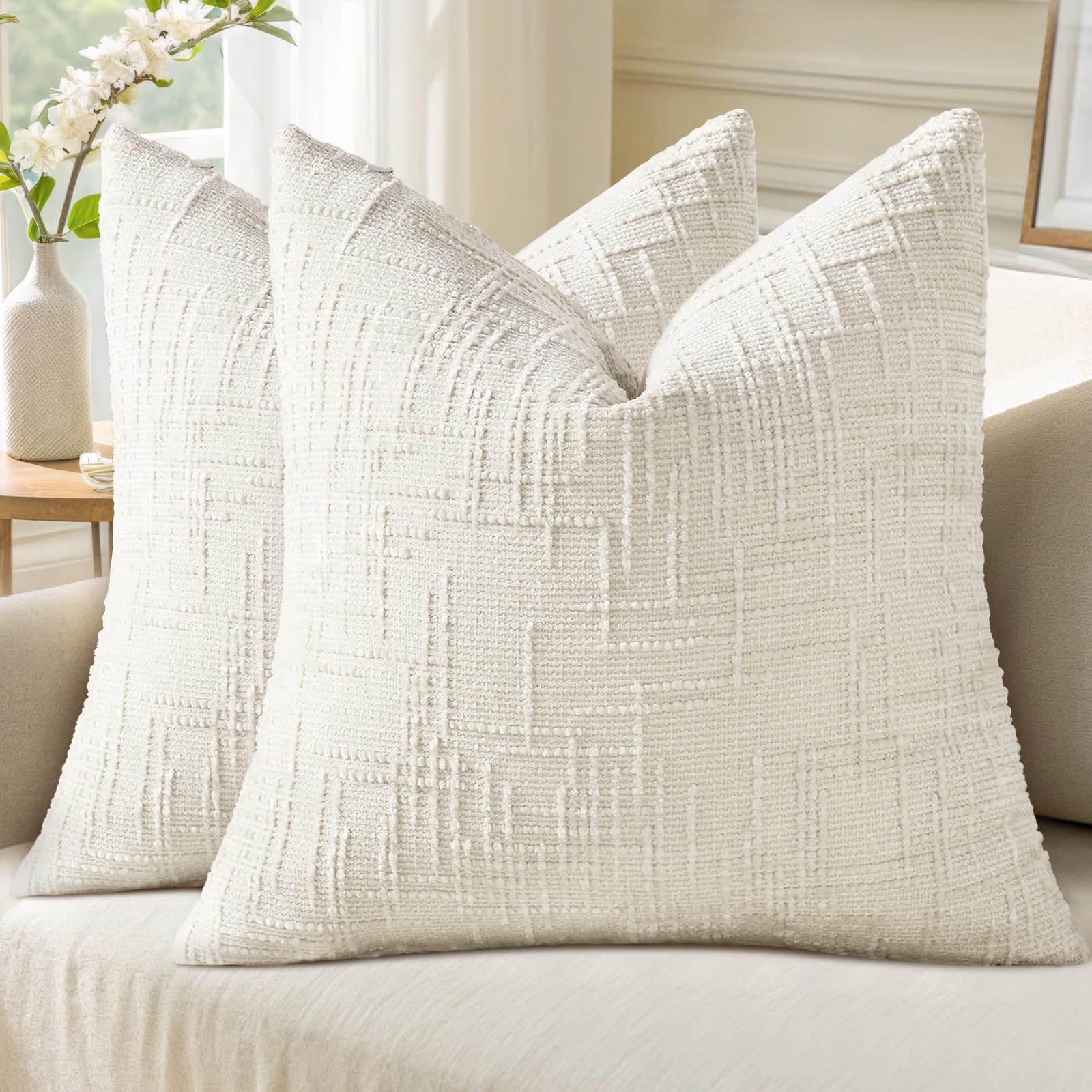 decorUhome Summer Cream White Chenille Euro Sham Throw Pillow Covers 22x22 Set of 2 Textured Soft Cozy Slubby Couch Pillow Covers Modern Farmhouse Boho Decorative Pillow Cases for Bed Sofa Living Room