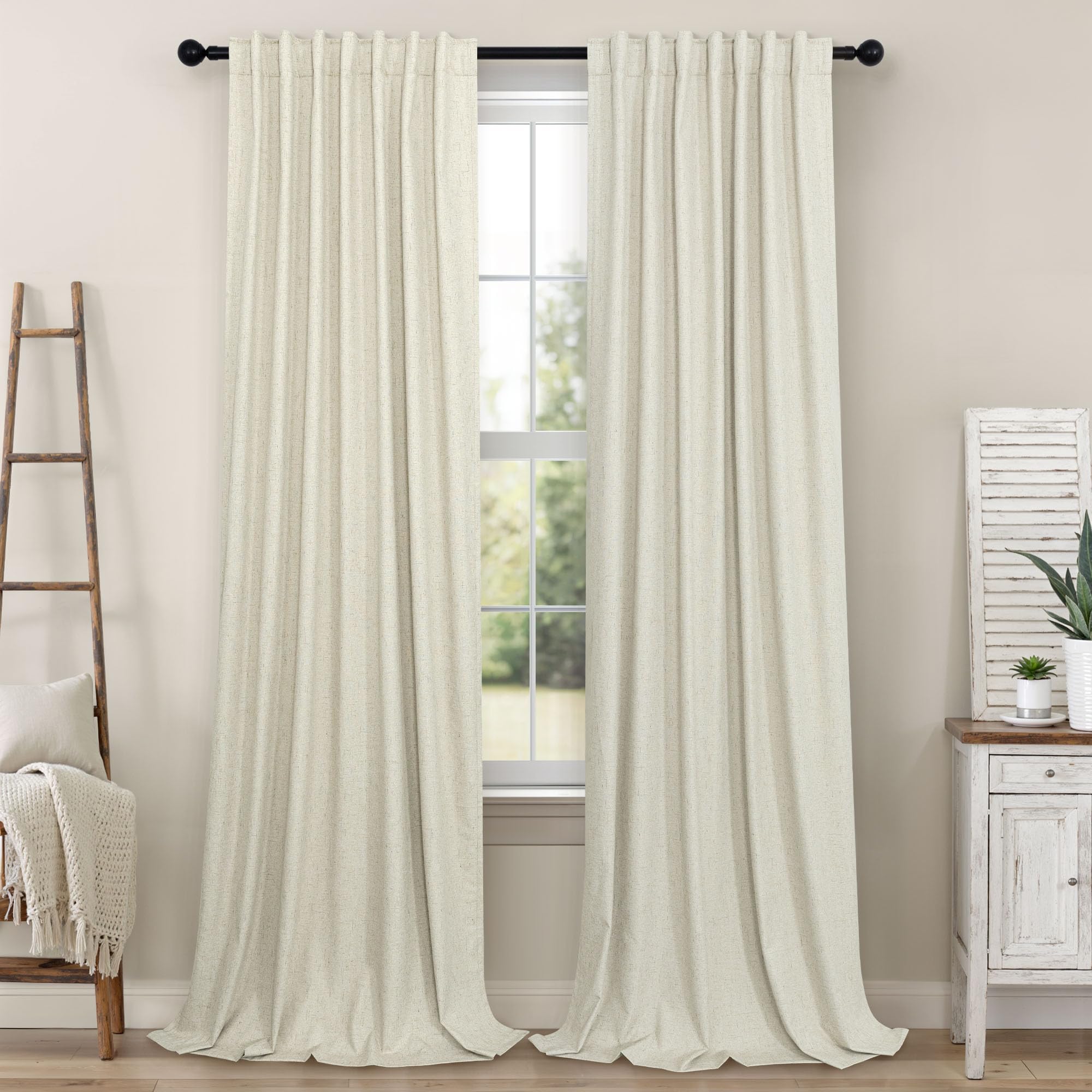 100% Blackout Curtains 84 Inch Length 2 Panels Set Neutral Boho Linen Farmhouse for Bedroom Windows Living Room Darkening Thermal Insulated Drapes Natural Cream Ivory 7ft Long Back Tab Pleated Pocket