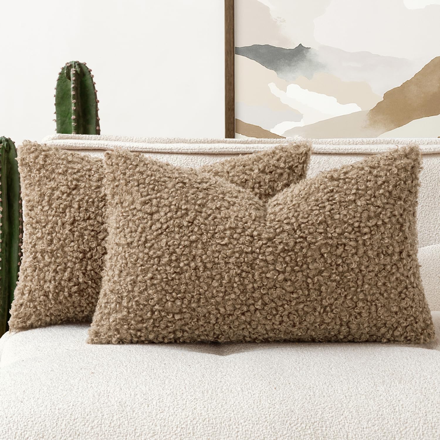 Faux Fur Throw Pillow Covers 20x20 Inch Set of 2 Boucle Neutral Decorative Sherpa Fuzzy Accent Soft Sheepskin Fleece Cushions Modern Home Decor for Couch Sofa Bedroom Living Room,Oatmeal