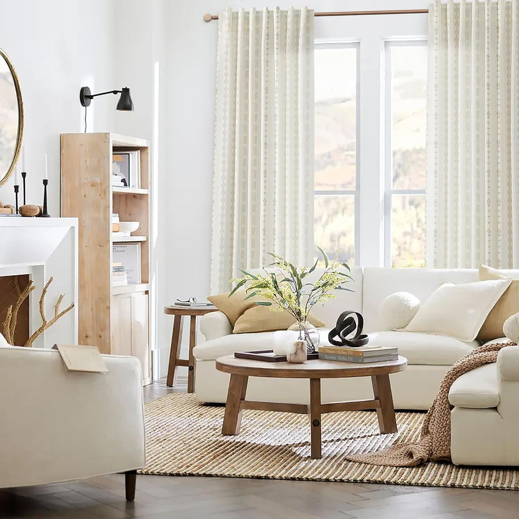Neutral Farmhouse Curtains for Living Room 84 Inches Long,Taupe Cream Boho Light Filtering Sheer Patterned Modern Beautiful Linen Curtains with Floral Pattern Design Dining Room 84 Length 2 Panels Set