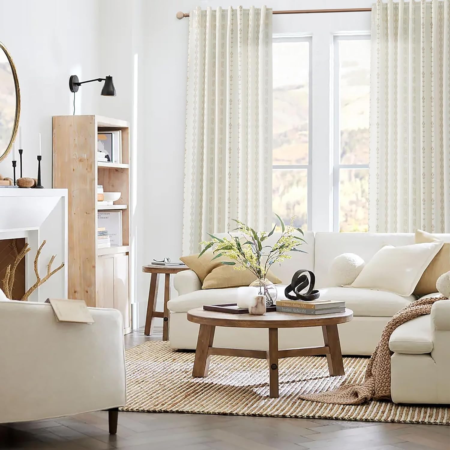 Neutral Farmhouse Curtains for Living Room 84 Inches Long,Taupe Cream Boho Light Filtering Sheer Patterned Modern Beautiful Linen Curtains with Floral Pattern Design Dining Room 84 Length 2 Panels Set