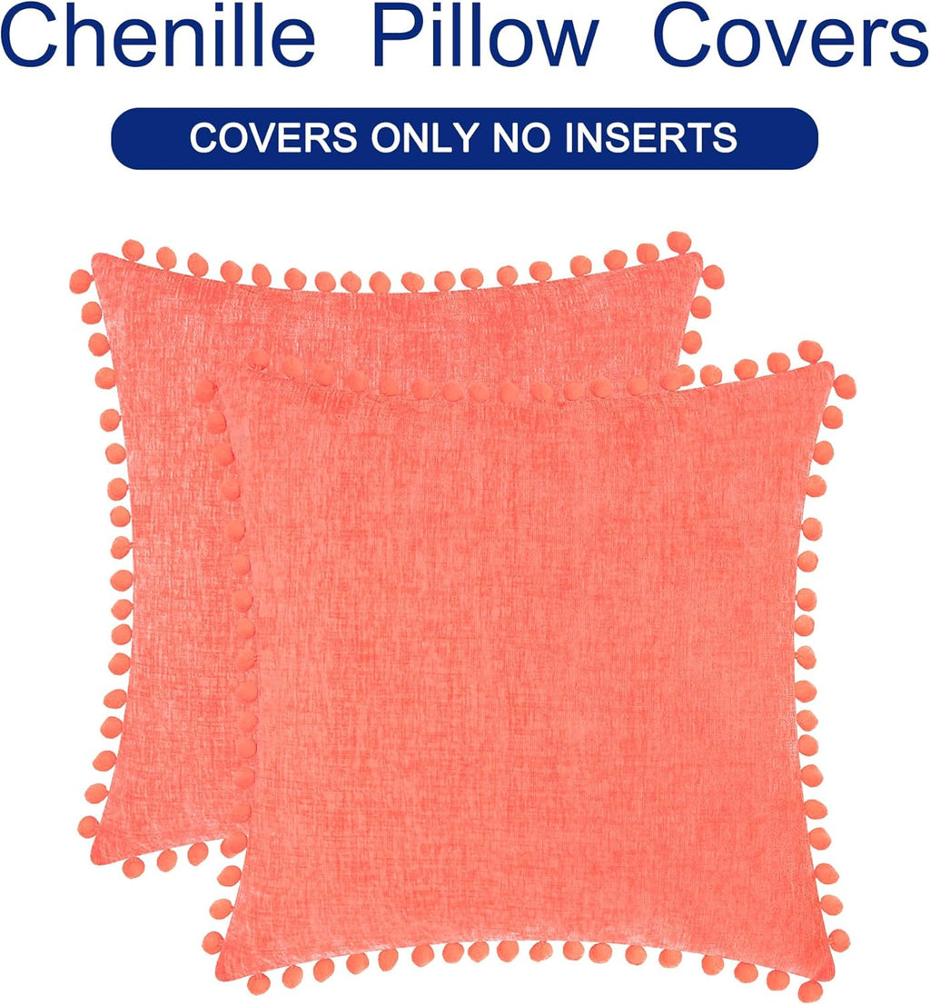 CaliTime Throw Pillow Covers Decorative 18 X 18 Inches Pack of 2 Cozy Solid Dyed Soft Chenille Cushion Cases with Pom Poms for Couch Sofa Bed Living Room Home Living Coral
