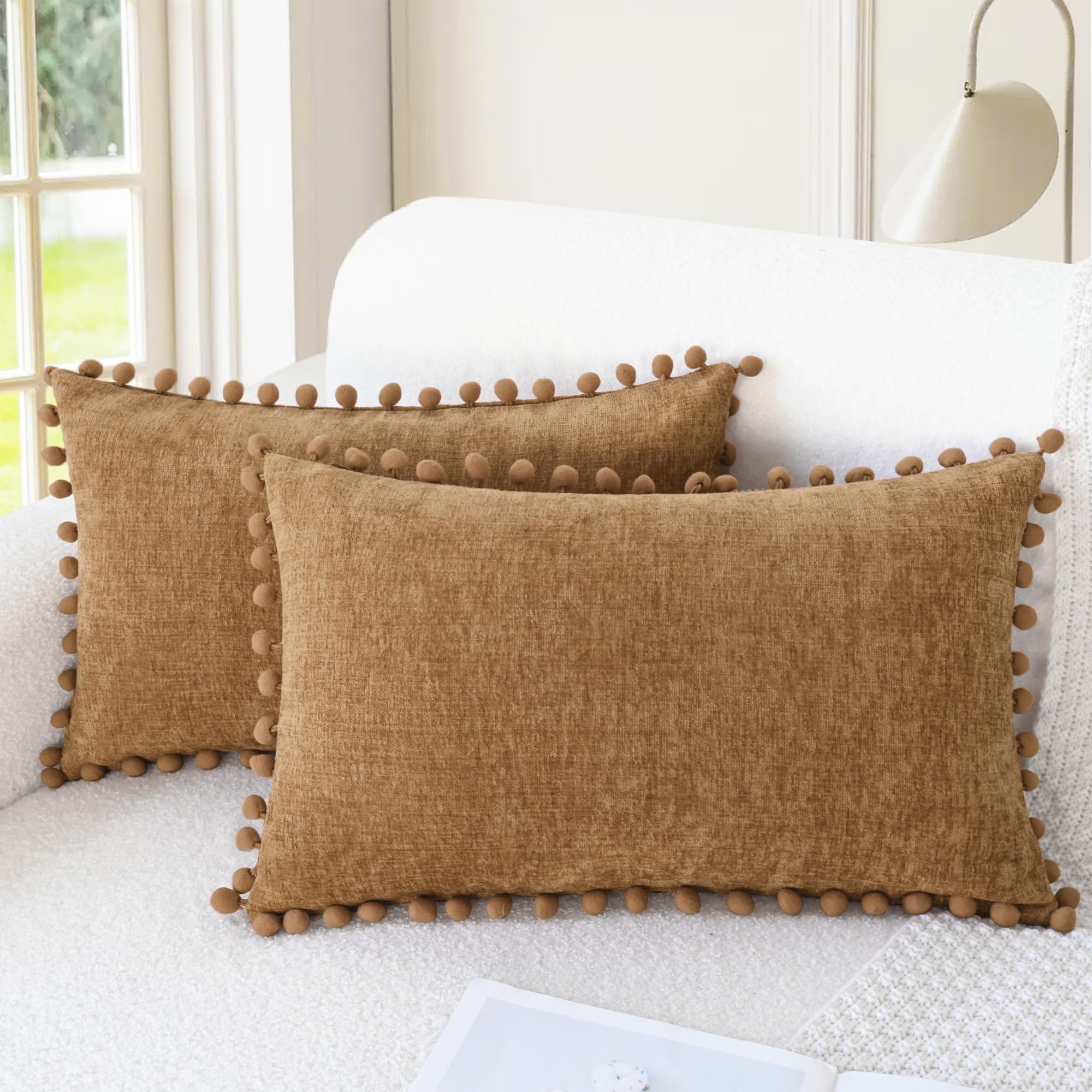 CaliTime Throw Pillow Covers Decorative 18 X 18 Inches Pack of 2 Cozy Solid Dyed Soft Chenille Cushion Cases with Pom Poms for Couch Sofa Bed Living Room Home Living Coral