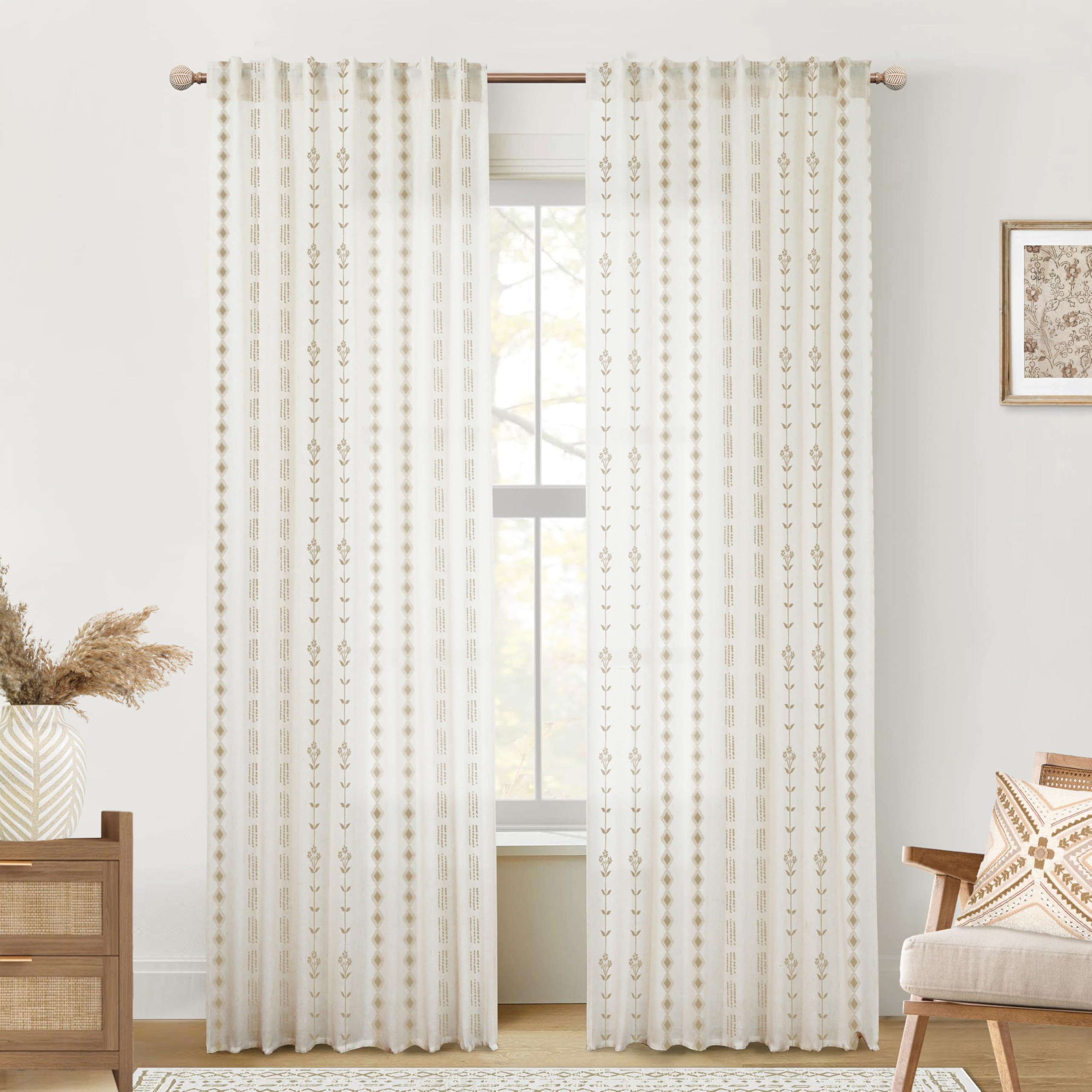 Neutral Farmhouse Curtains for Living Room 84 Inches Long,Taupe Cream Boho Light Filtering Sheer Patterned Modern Beautiful Linen Curtains with Floral Pattern Design Dining Room 84 Length 2 Panels Set