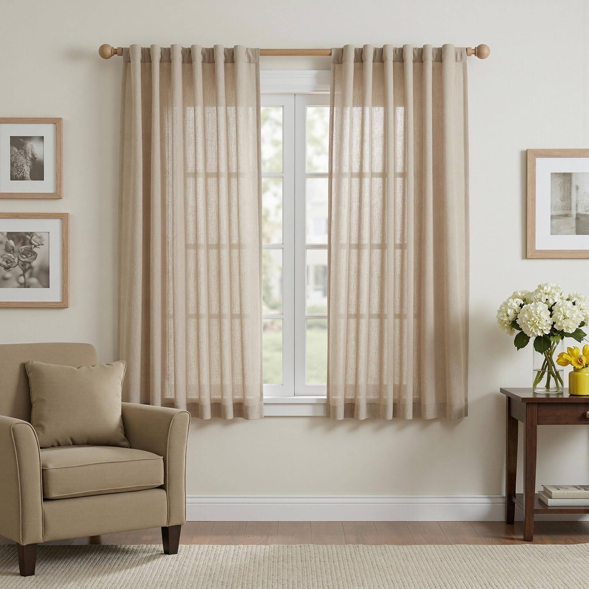 MYSKY HOME Cotton Curtains for Living Room Farmhouse Semi Sheer Light Filtering for Windows, Linen Look Texture Soft Modern Decor Country Style, 50" x 84", Light Oatmeal, 2 Panels
