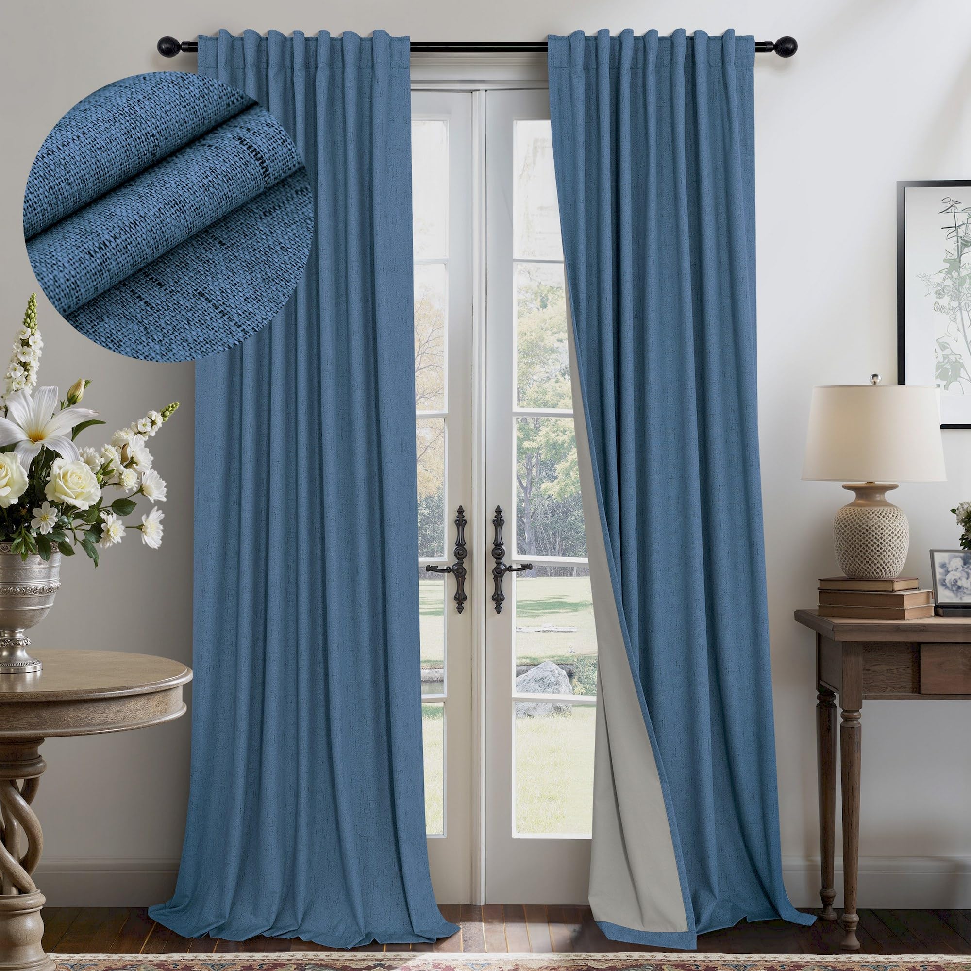 100% Blackout Curtains 84 Inch Length 2 Panels Set Neutral Boho Linen Farmhouse for Bedroom Windows Living Room Darkening Thermal Insulated Drapes Natural Cream Ivory 7ft Long Back Tab Pleated Pocket
