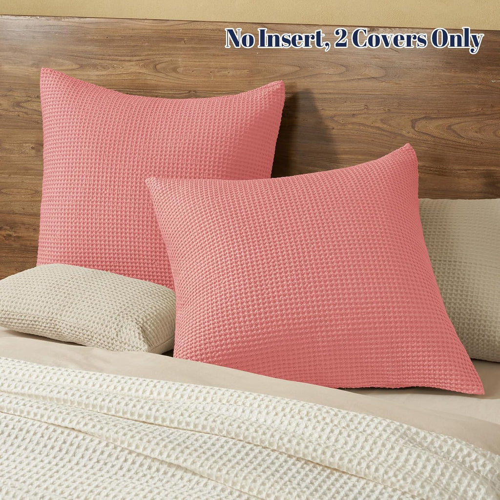 PHF 100% Cotton Waffle Weave Euro Shams 26" x 26", No Filling, 2 Pack Elegant Home Decorative Euro Throw Pillow Covers for Bed Couch Sofa, Coral