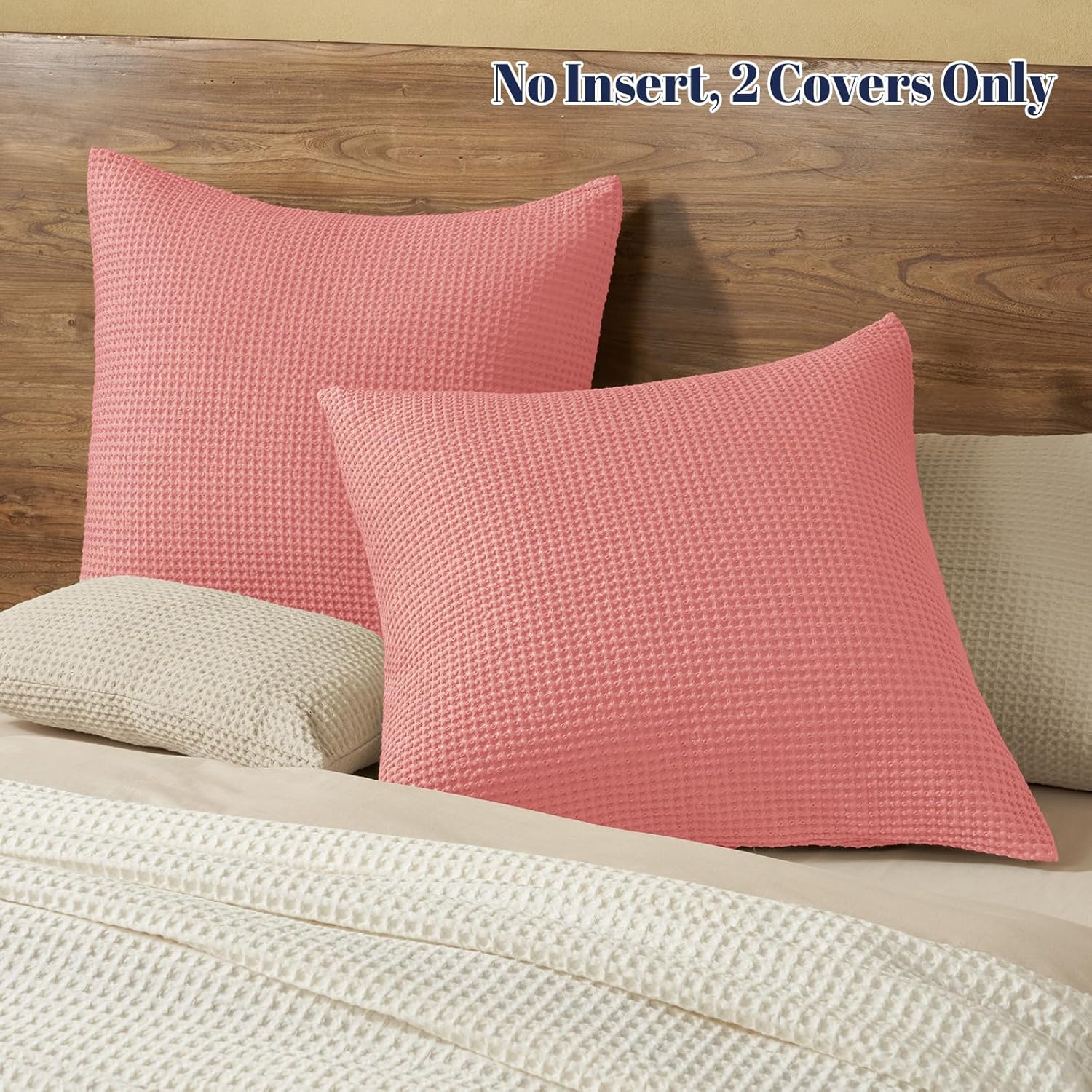 PHF 100% Cotton Waffle Weave Euro Shams 26" x 26", No Filling, 2 Pack Elegant Home Decorative Euro Throw Pillow Covers for Bed Couch Sofa, Coral