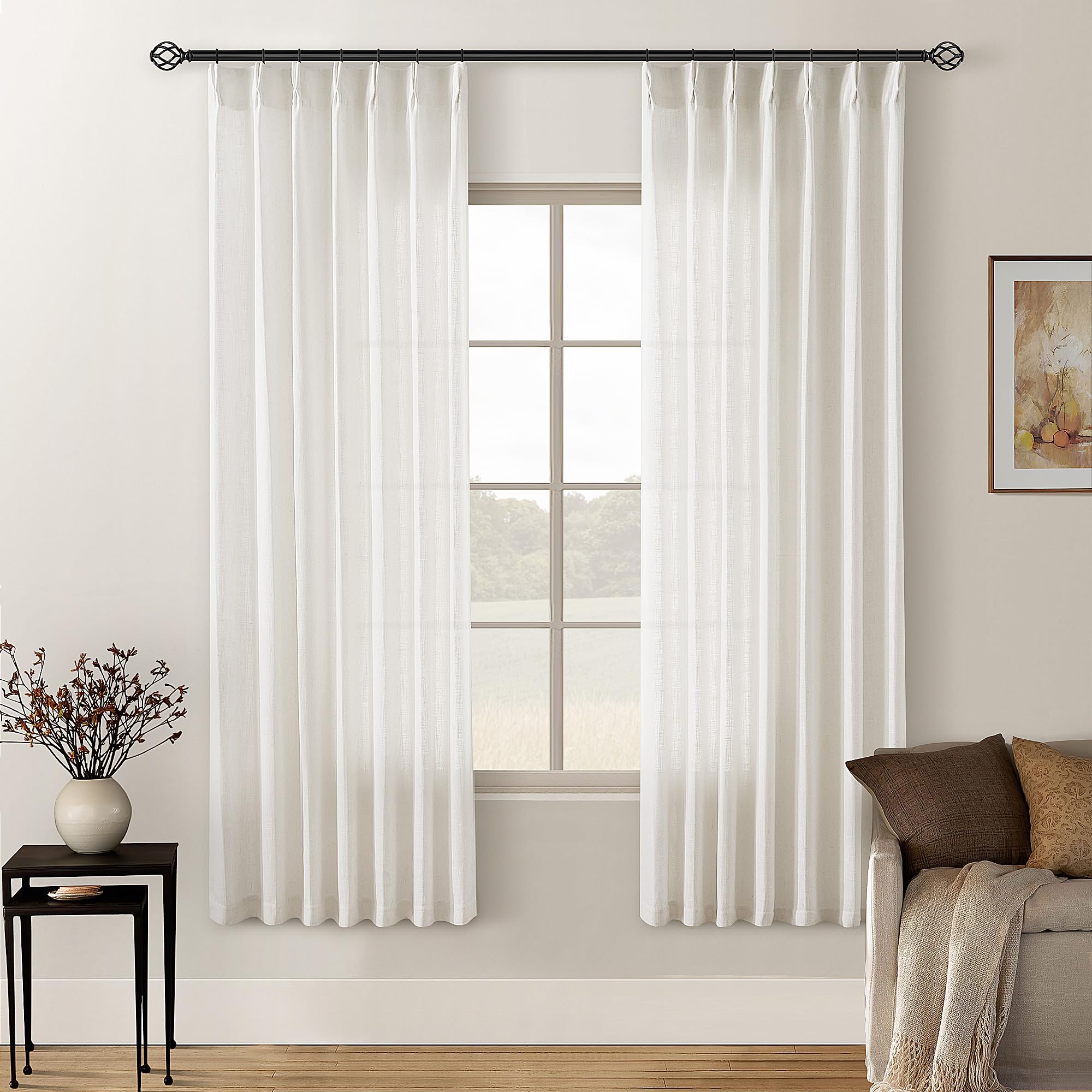 Natural Pinch Pleated Linen Curtains 84 Inch Length 2 Panels for Living Room Bedroom Textured Cream Ivory Birch Semi Sheer Boho Neutral Back Tab Pinch Pleat Hooks Rings Window Curtain 84 Inches Long