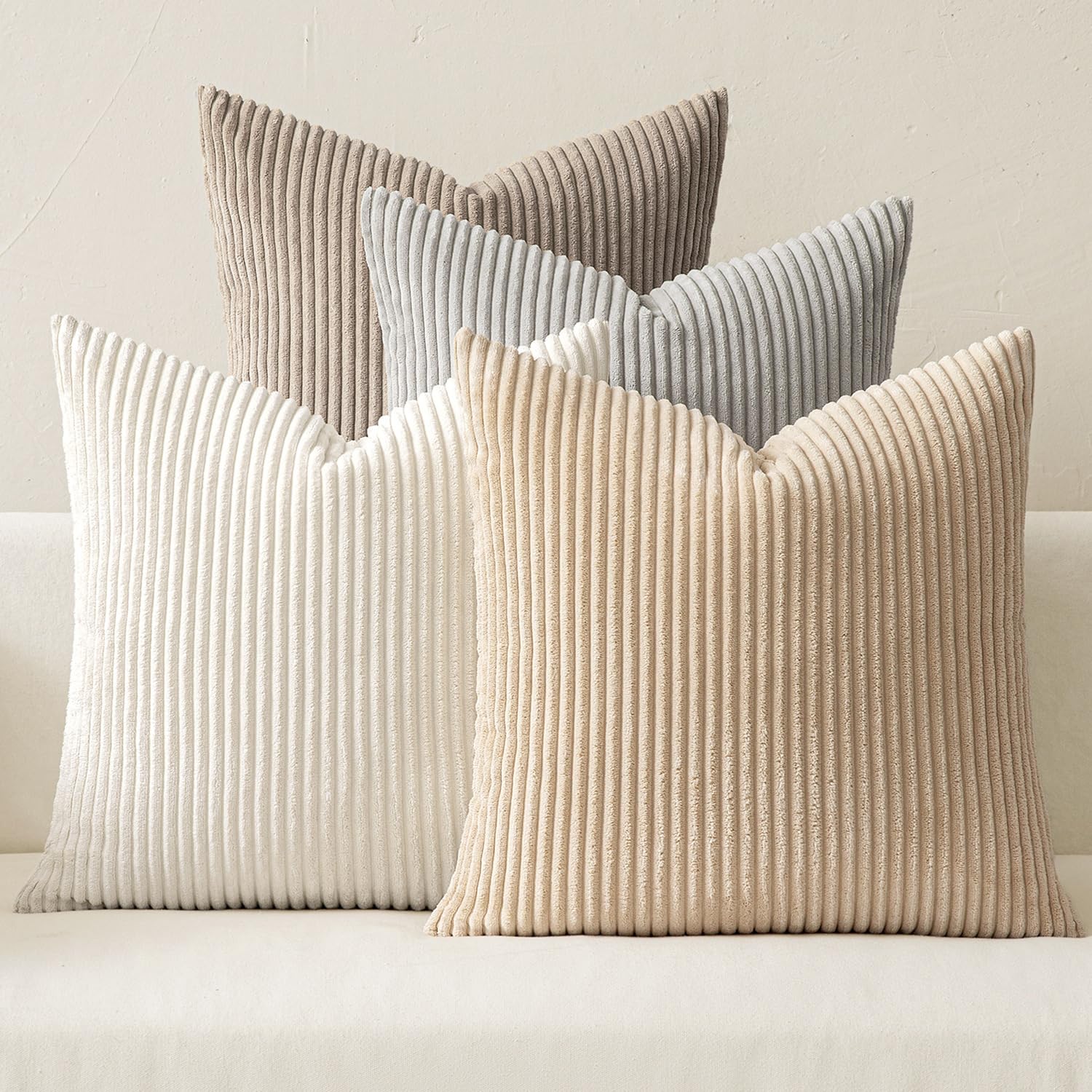 MIULEE Boho Farmhouse Neutral Cream Throw Pillow Covers 18x18 Inch Set of 4 Mordern Nordic Cushion Covers Soft Corduroy Spring Home Decor for Couch Bed Sofa Living Room