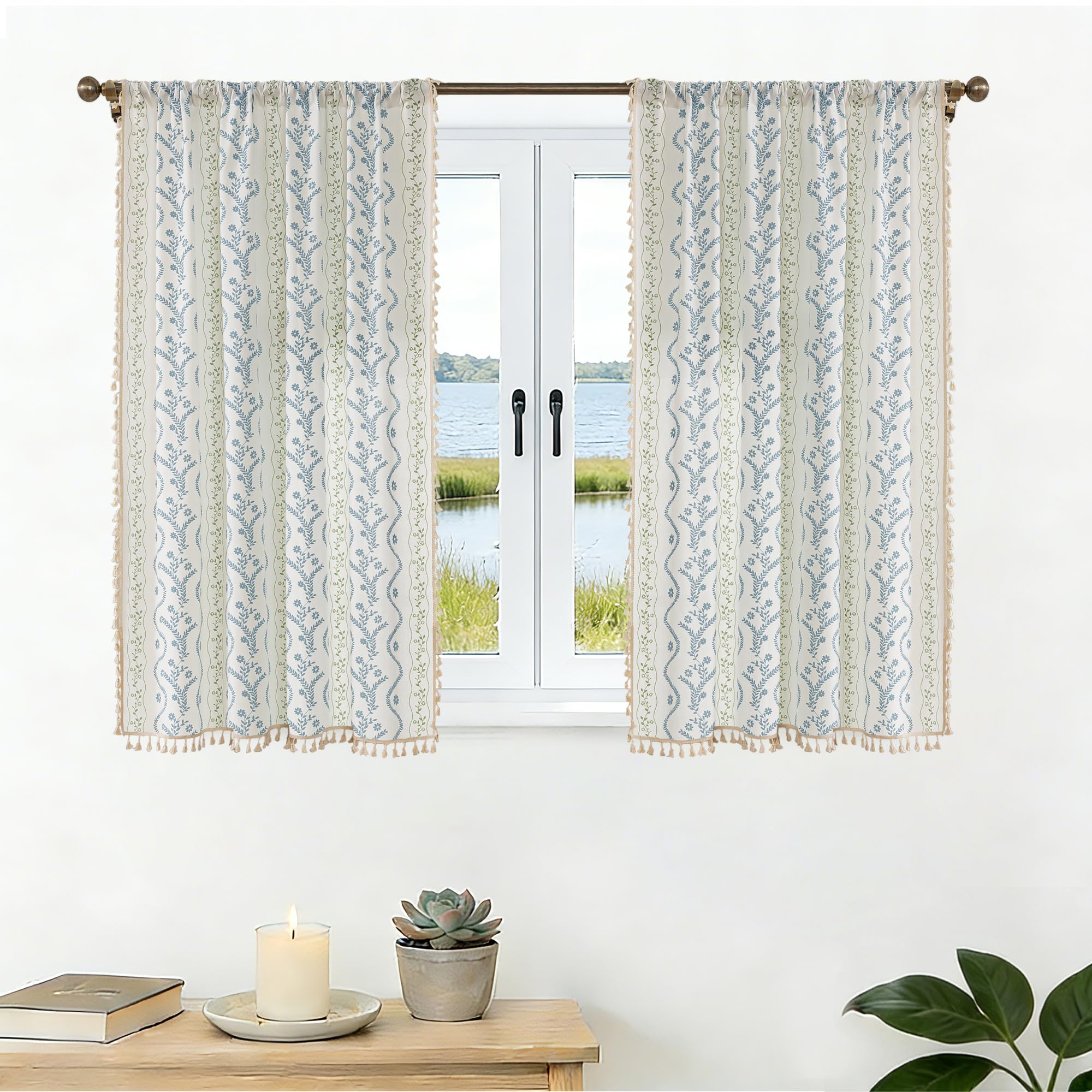 Burnt Orange Curtains for Living Room Patterned Farmhouse Curtains 2 Panels,Boho Linen Vintage Tassel Terracotta Floral Fall Window Curtain for Bedroom Dining Room Kitchen 84 Inch Long