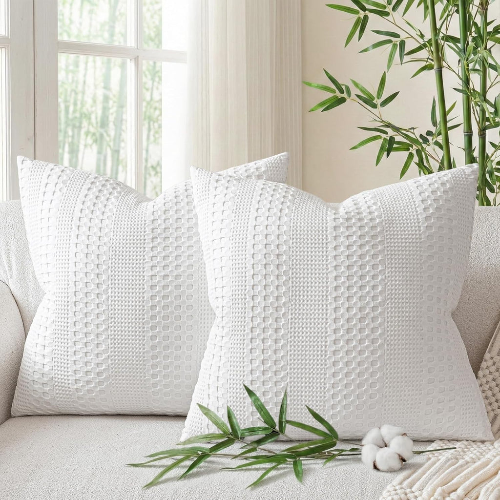 a moment 2 Pack Bamboo Fiber Pillow Covers - Waffle Weave, Ultra Soft & Breathable, Euro Shams Cotton Throw Pillow for Couch, Sofa, Bedroom Living Room 24x24 Inch White
