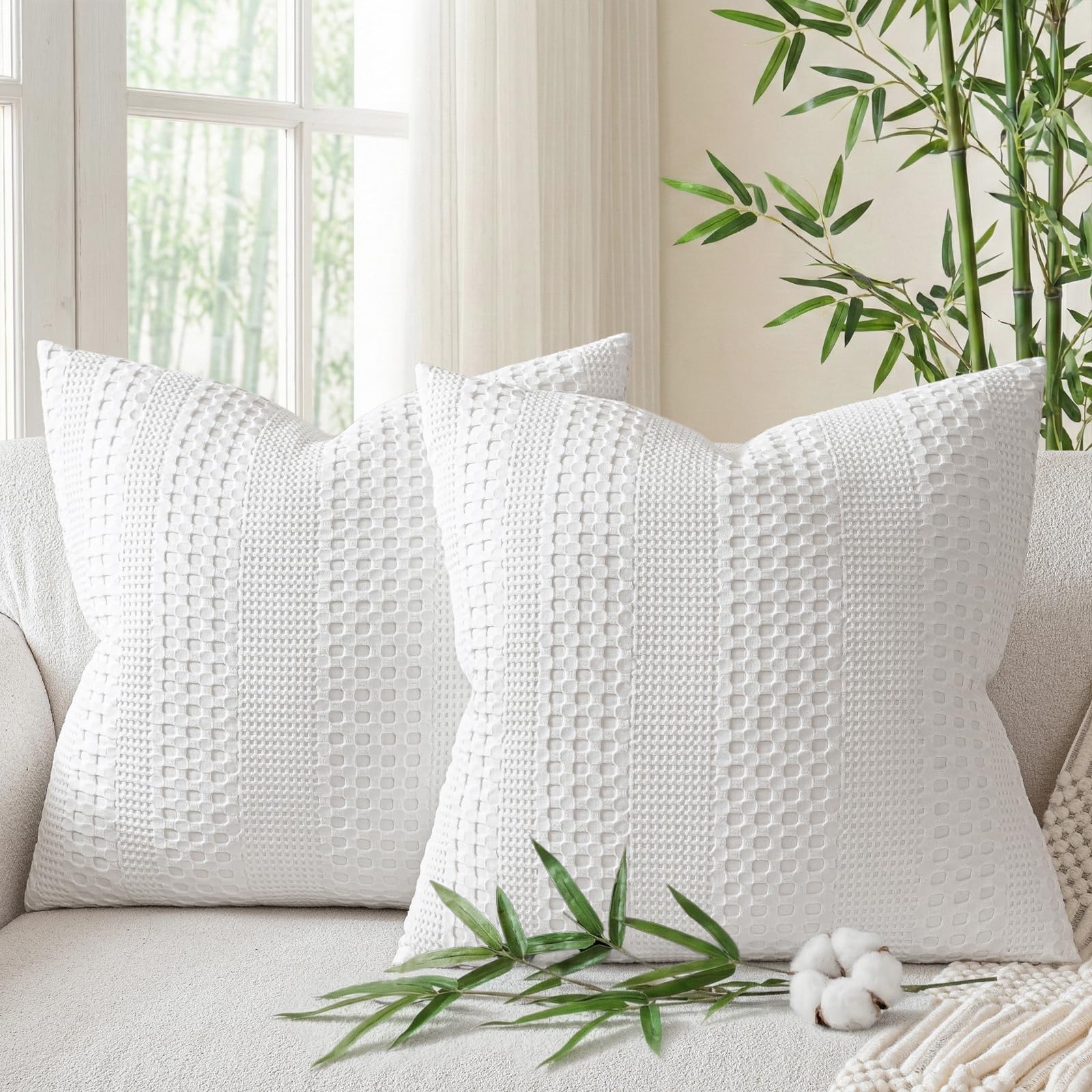 a moment 2 Pack Bamboo Fiber Pillow Covers - Waffle Weave, Ultra Soft & Breathable, Euro Shams Cotton Throw Pillow for Couch, Sofa, Bedroom Living Room 24x24 Inch White