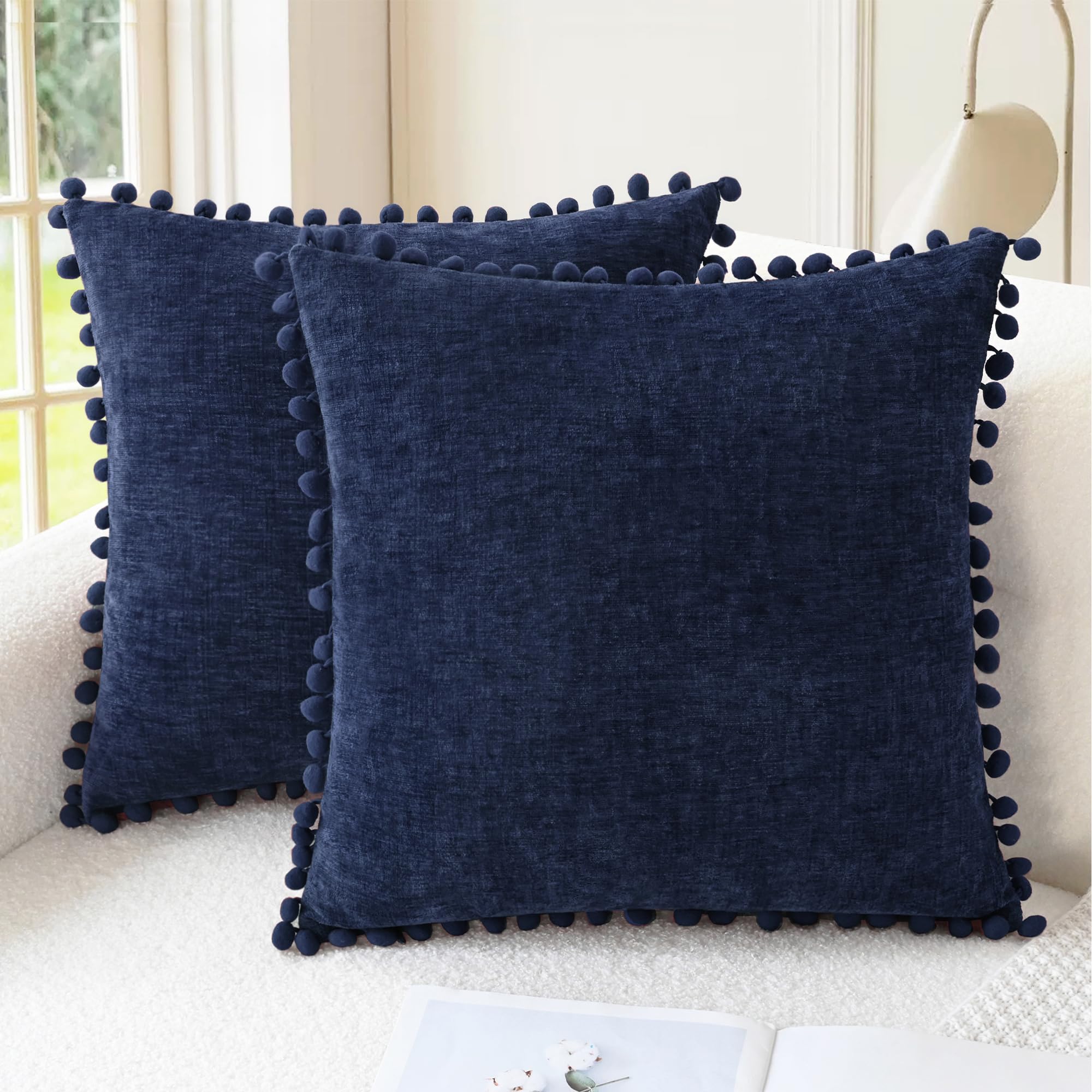 CaliTime Throw Pillow Covers Decorative 18 X 18 Inches Pack of 2 Cozy Solid Dyed Soft Chenille Cushion Cases with Pom Poms for Couch Sofa Bed Living Room Home Living Coral