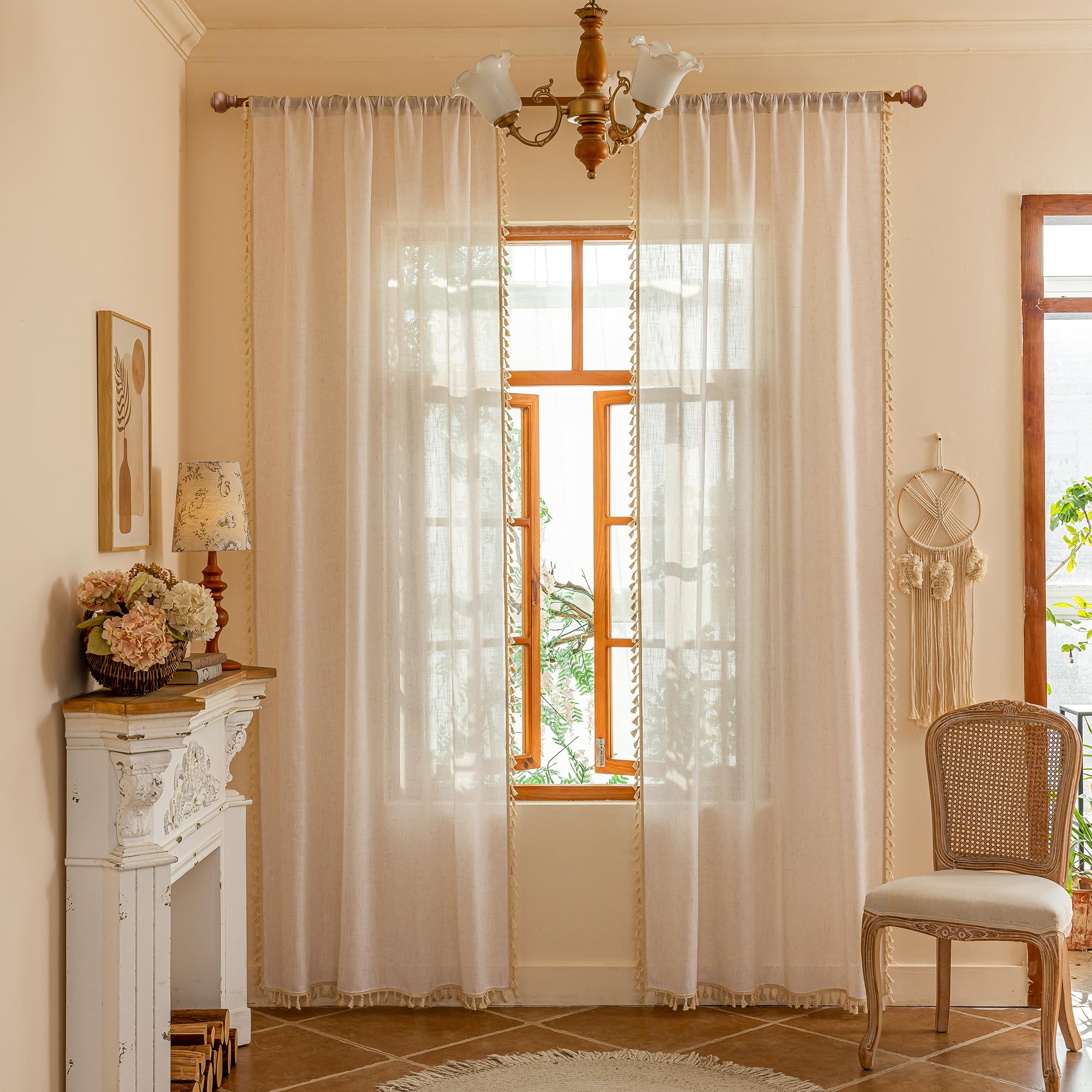 MYSKY HOME Cotton Curtains for Living Room Farmhouse Semi Sheer Light Filtering for Windows, Linen Look Texture Soft Modern Decor Country Style, 50" x 84", Light Oatmeal, 2 Panels