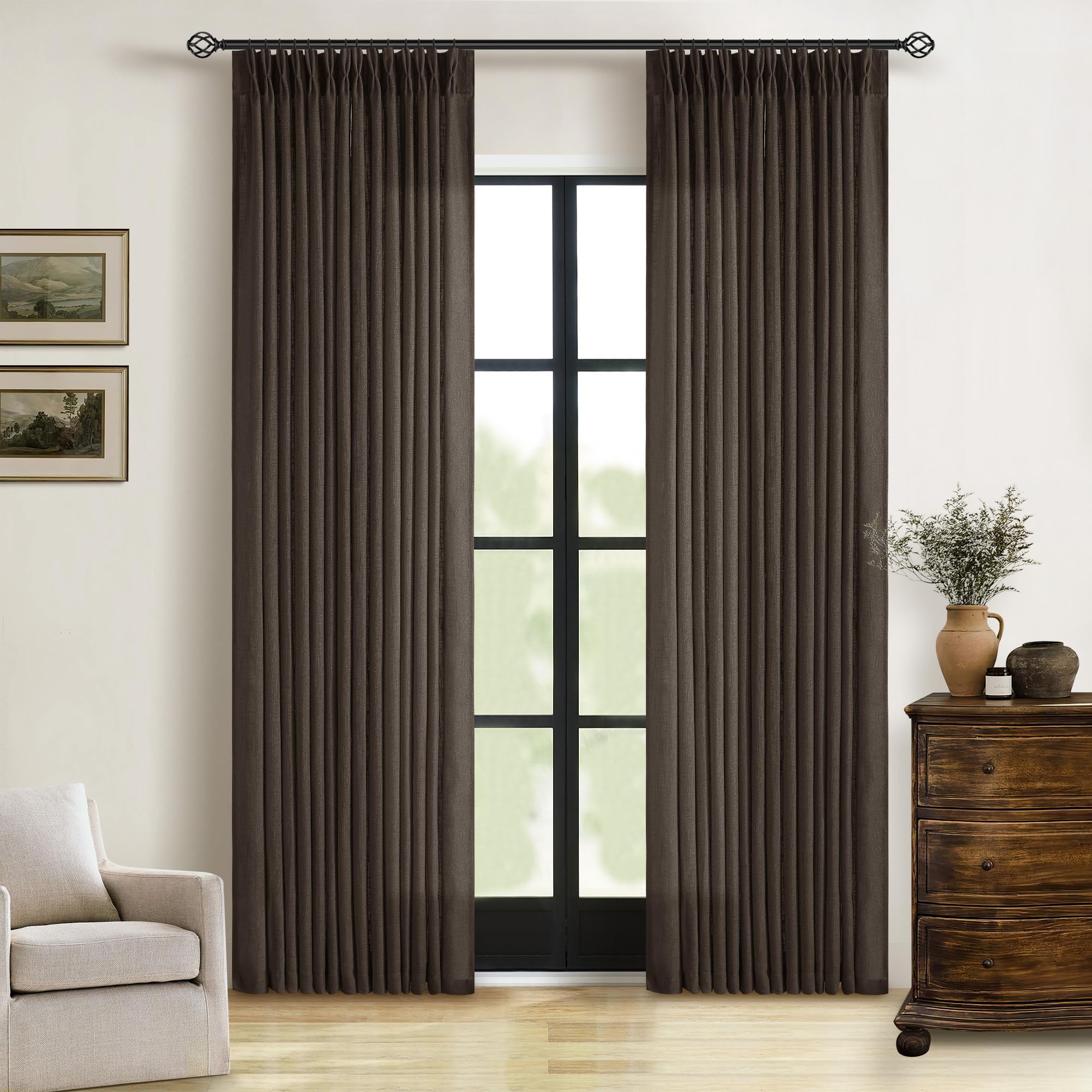 Natural Pinch Pleated Linen Curtains 84 Inch Length 2 Panels for Living Room Bedroom Textured Cream Ivory Birch Semi Sheer Boho Neutral Back Tab Pinch Pleat Hooks Rings Window Curtain 84 Inches Long