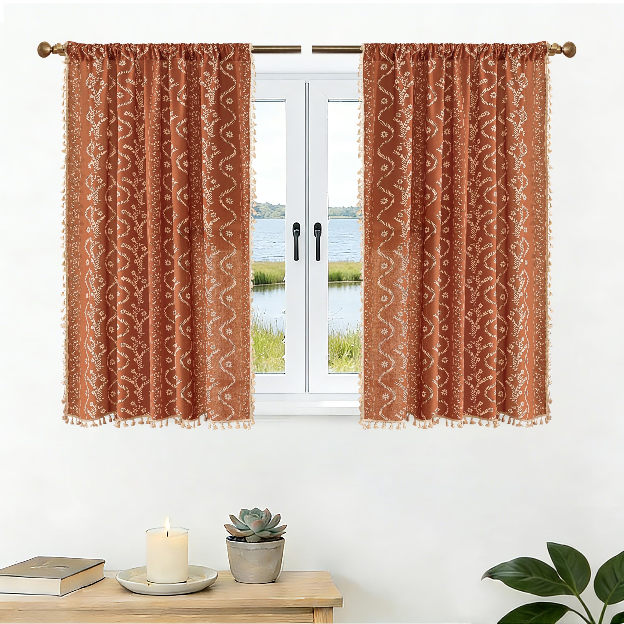 Burnt Orange Curtains for Living Room Patterned Farmhouse Curtains 2 Panels,Boho Linen Vintage Tassel Terracotta Floral Fall Window Curtain for Bedroom Dining Room Kitchen 84 Inch Long