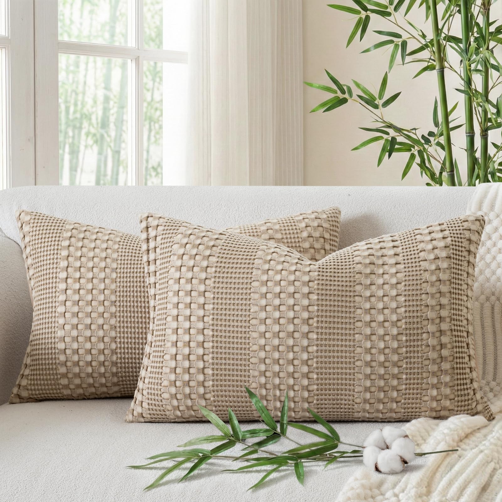 a moment 2 Pack Bamboo Fiber Pillow Covers - Waffle Weave, Ultra Soft & Breathable, Euro Shams Cotton Throw Pillow for Couch, Sofa, Bedroom Living Room 24x24 Inch White