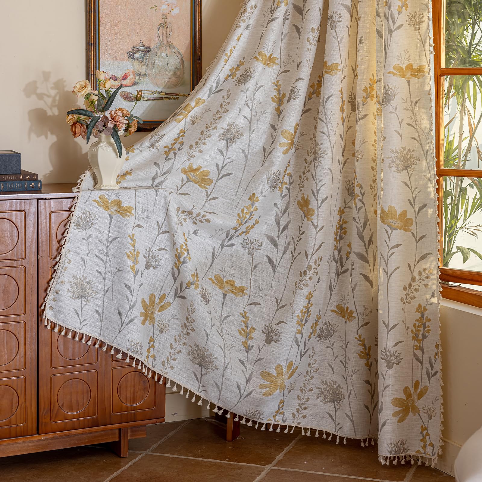 ENJOYBRIDAL Floral Bedroom Curtains 84 Inch Length 2 Panels Set Farmhouse Semi Sheer Living Room Drapes Cotton Linen Blend Bohemian Window Curtain Panels with Tassel Beige Rod Pocket Drapes