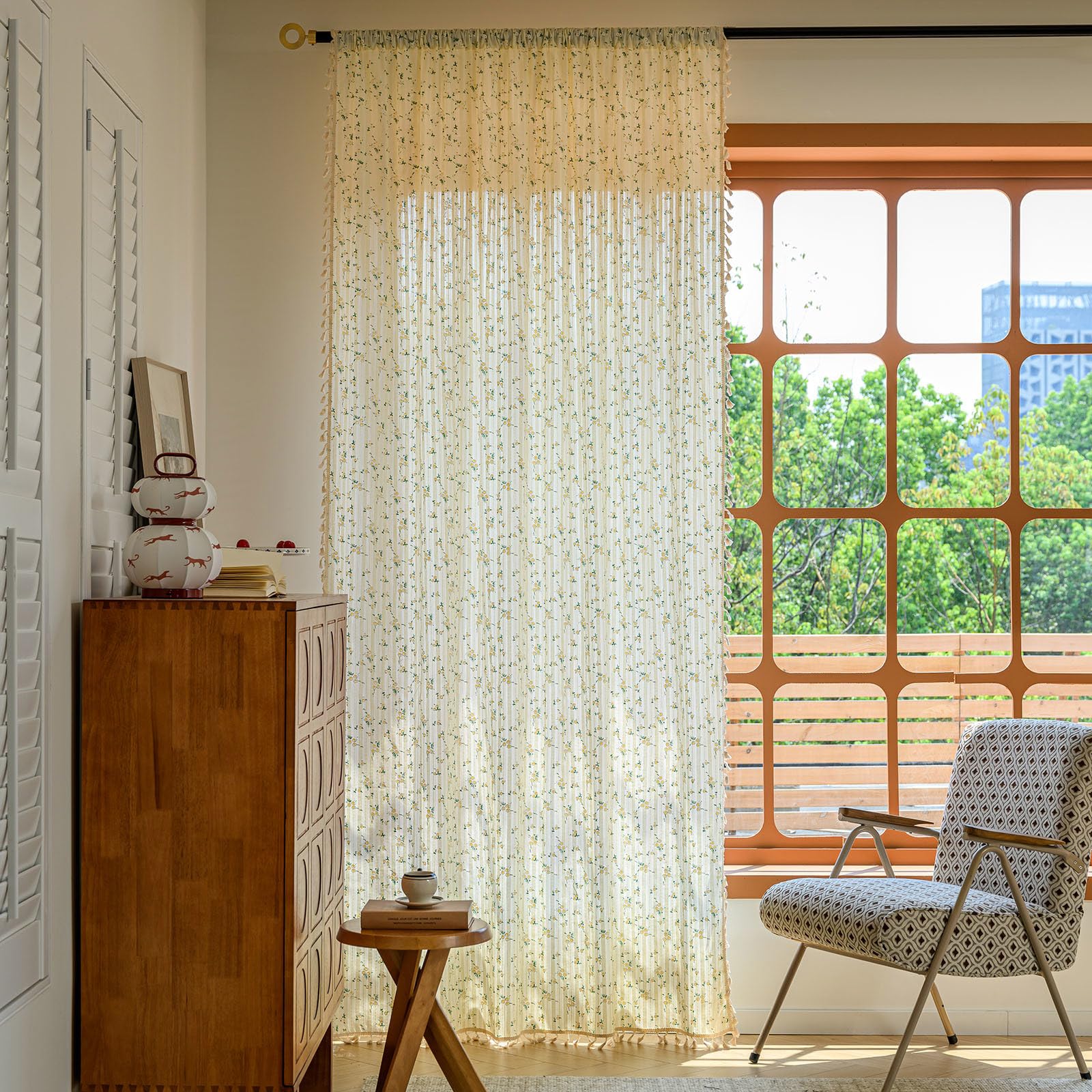 ENJOYBRIDAL Floral Bedroom Curtains 84 Inch Length 2 Panels Set Farmhouse Semi Sheer Living Room Drapes Cotton Linen Blend Bohemian Window Curtain Panels with Tassel Beige Rod Pocket Drapes
