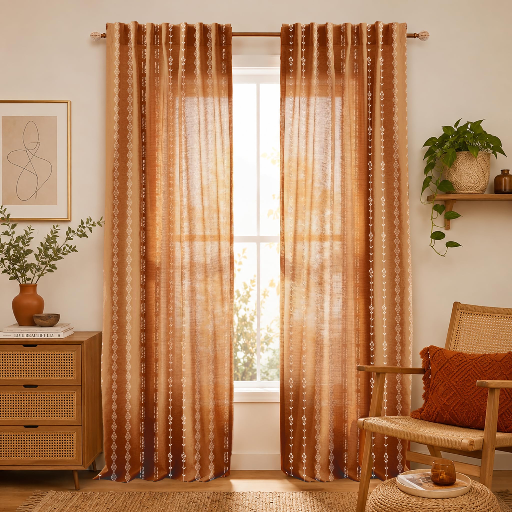 Neutral Farmhouse Curtains for Living Room 84 Inches Long,Taupe Cream Boho Light Filtering Sheer Patterned Modern Beautiful Linen Curtains with Floral Pattern Design Dining Room 84 Length 2 Panels Set