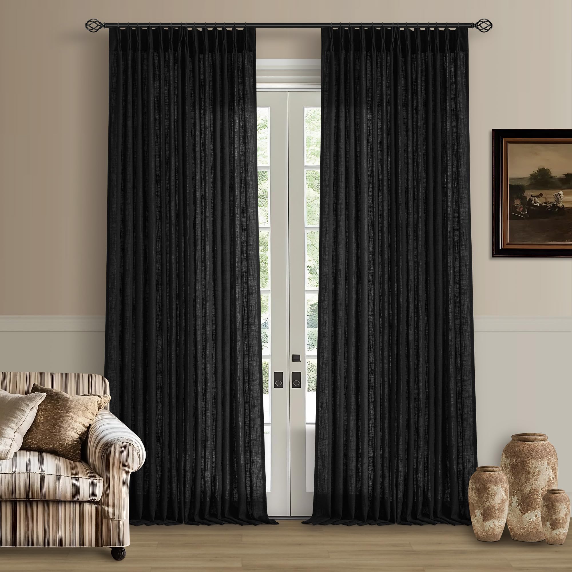 Natural Pinch Pleated Linen Curtains 84 Inch Length 2 Panels for Living Room Bedroom Textured Cream Ivory Birch Semi Sheer Boho Neutral Back Tab Pinch Pleat Hooks Rings Window Curtain 84 Inches Long