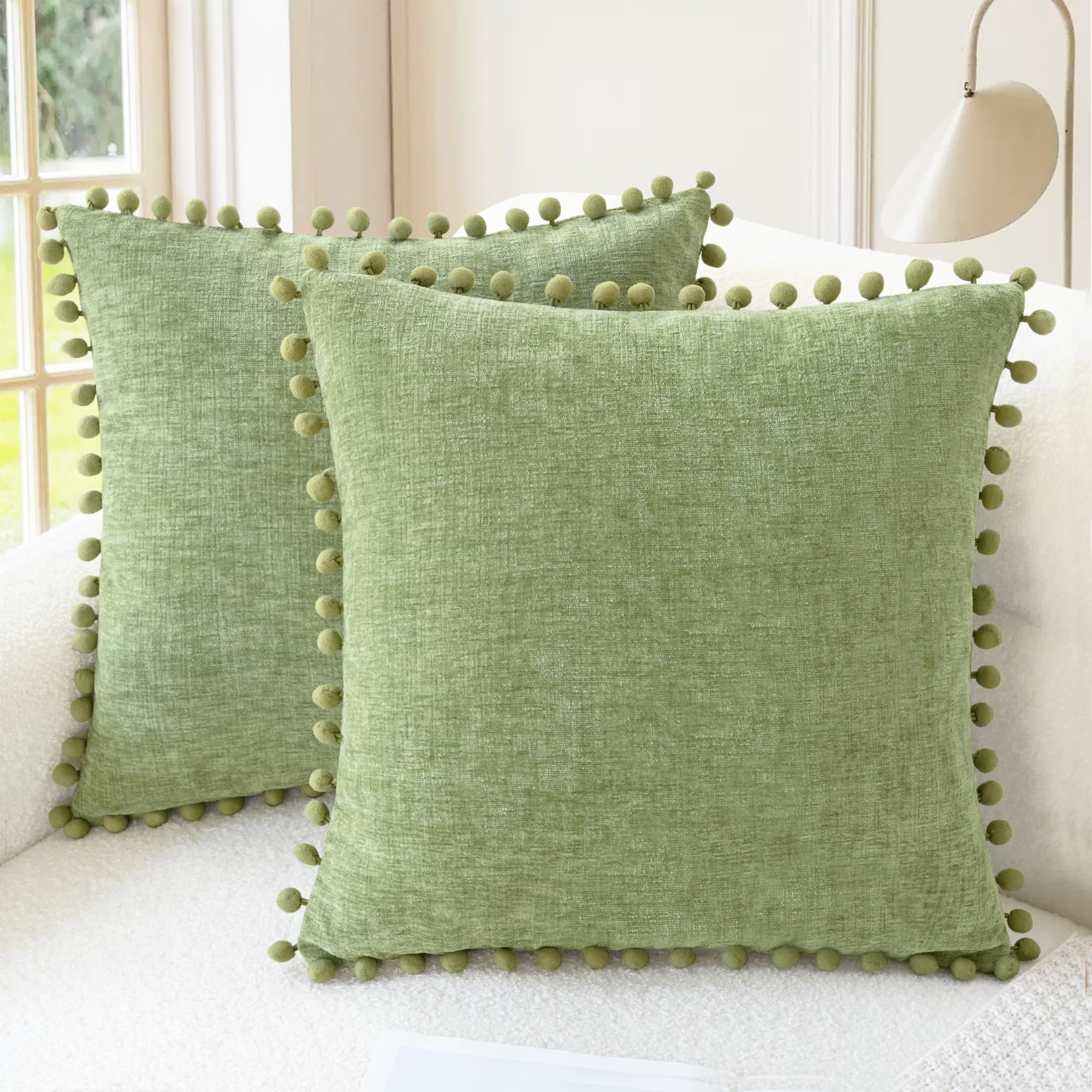 CaliTime Throw Pillow Covers Decorative 18 X 18 Inches Pack of 2 Cozy Solid Dyed Soft Chenille Cushion Cases with Pom Poms for Couch Sofa Bed Living Room Home Living Coral